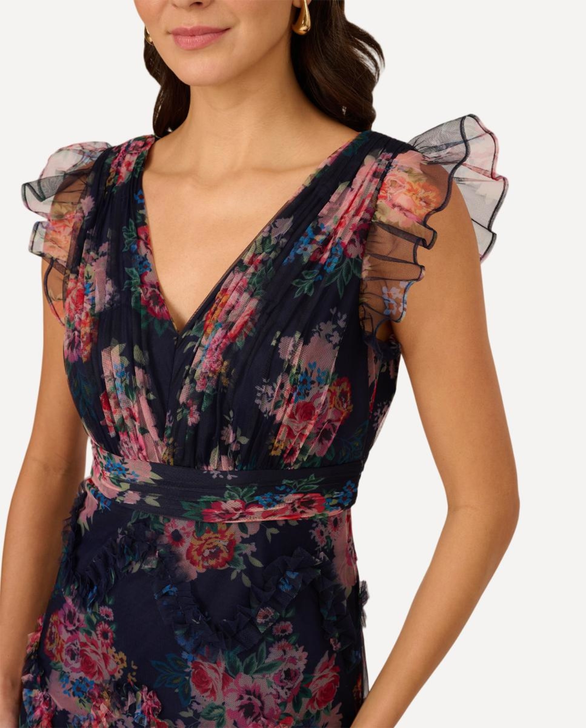 Vestido até ao Tornozelo em Tule Estampado Azul-marinho-4