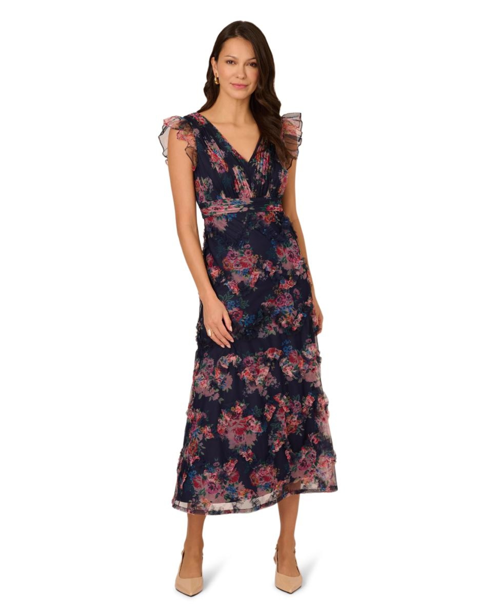 Vestido até ao Tornozelo em Tule Estampado Azul-marinho-3