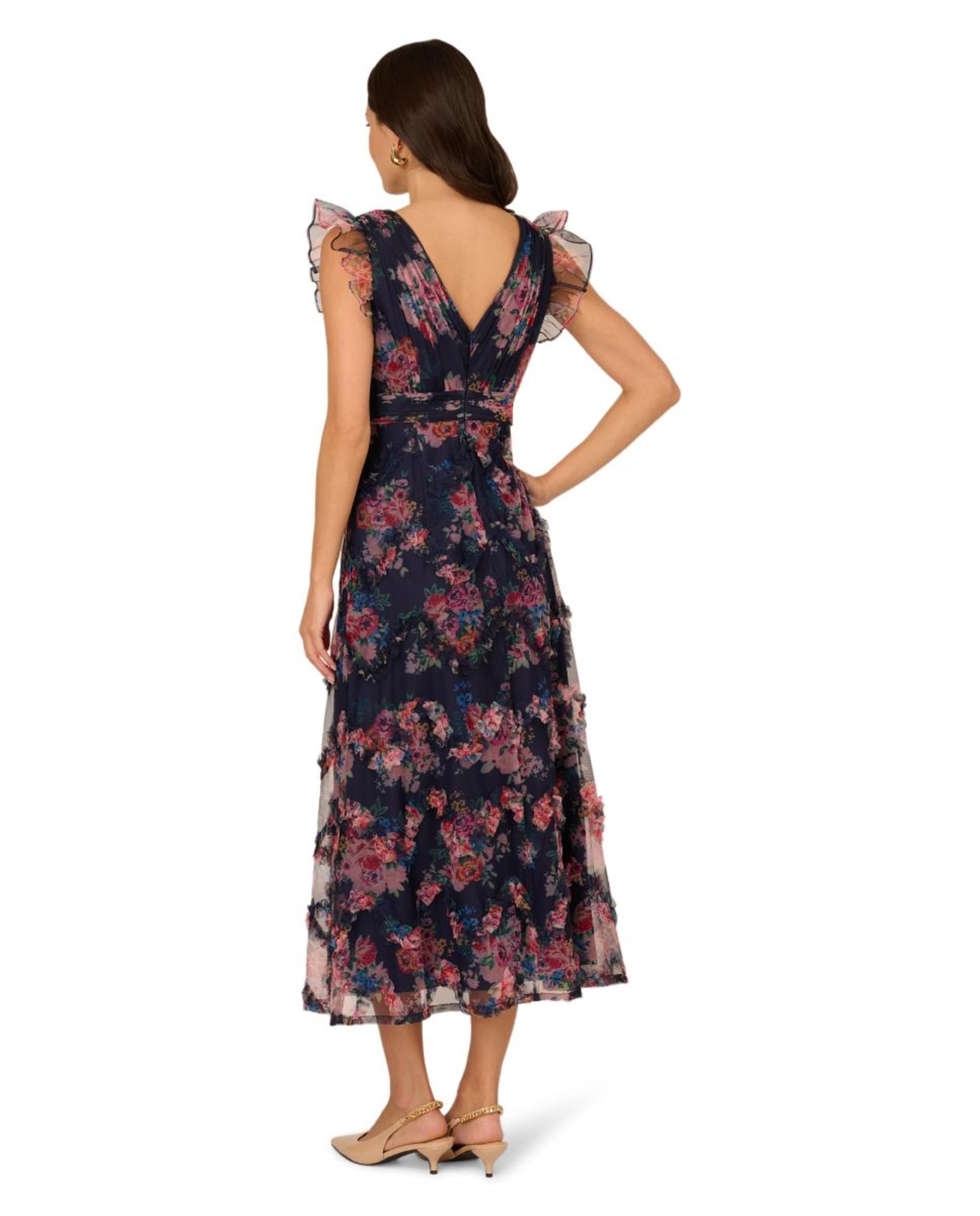 Vestido até ao Tornozelo em Tule Estampado Azul-marinho-2