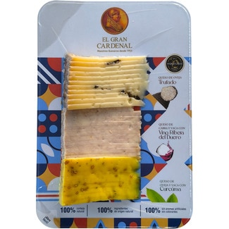 tabla de quesos oveja trufado, mezcla con vino Ribera del Duero y mezcla con cúrcuma envase 300 g - El Gran Cardenal