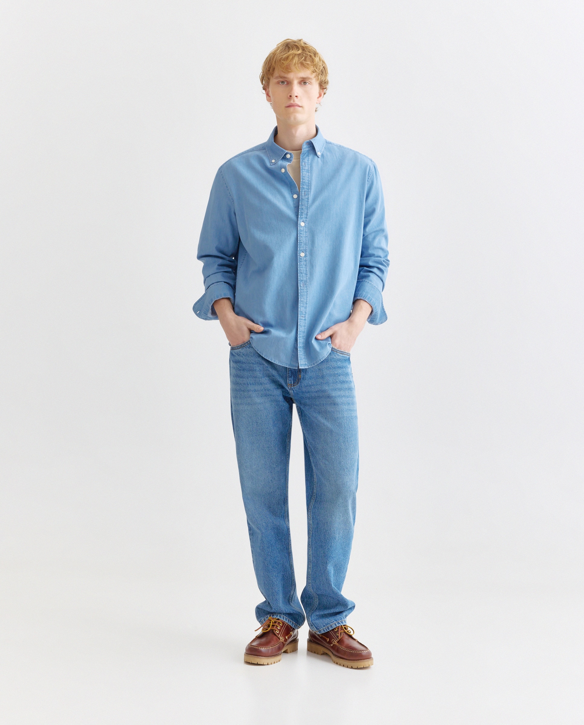 Camisa sport hombre denim cuello botones Cerúleo-2