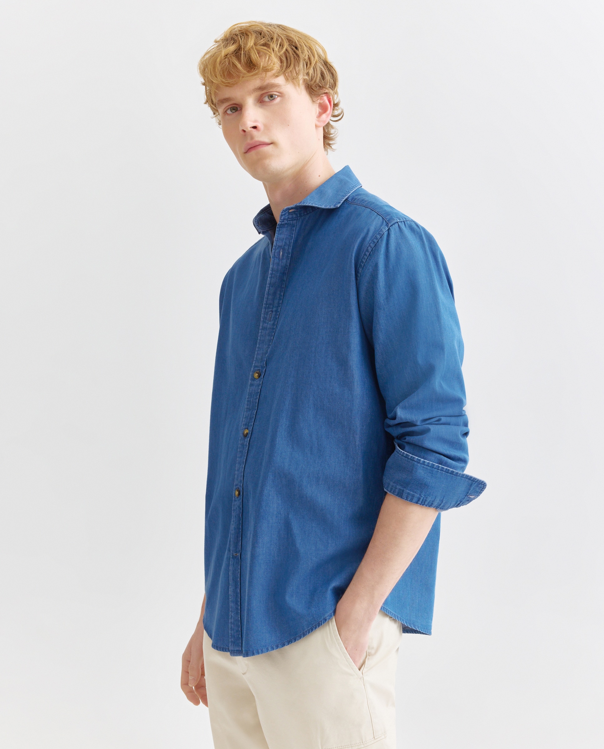 Camisa sport hombre denim cuello italiano Azul pálido-1