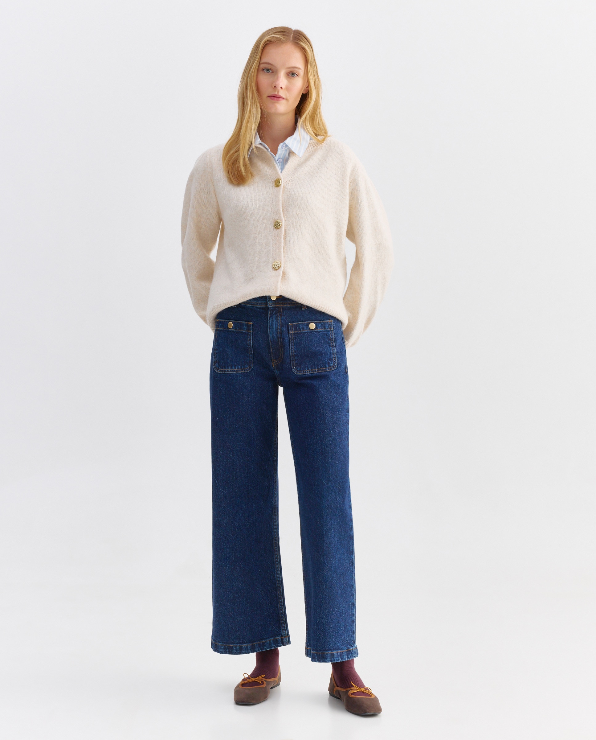 Cardigan de mujer cuello caja y manga francesa Blanco-2