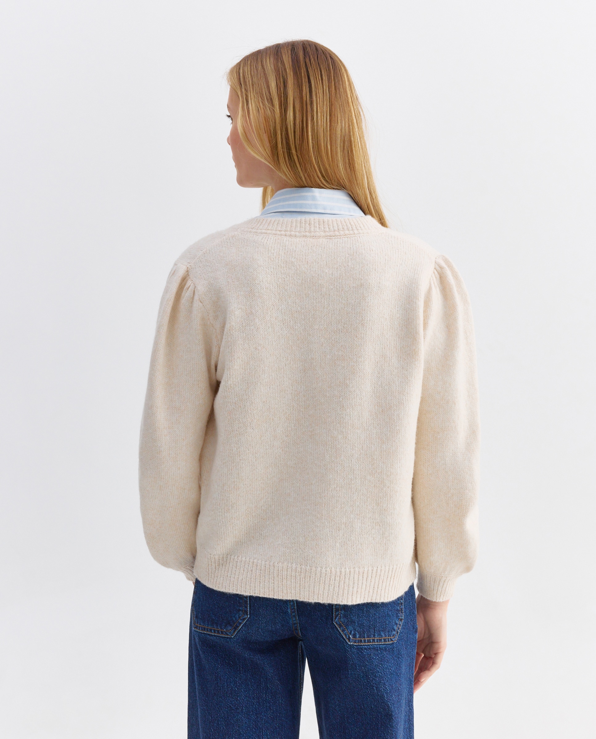 Cardigan de mujer cuello caja y manga francesa Blanco-3