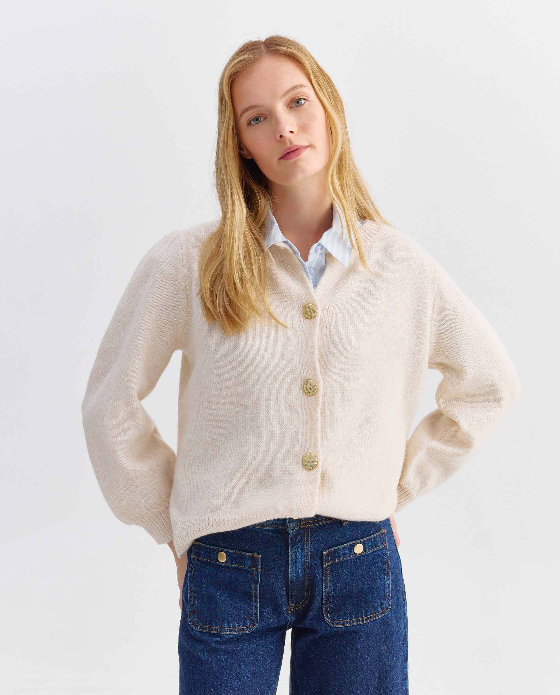 Cardigan de mujer cuello caja y manga francesa Blanco-1