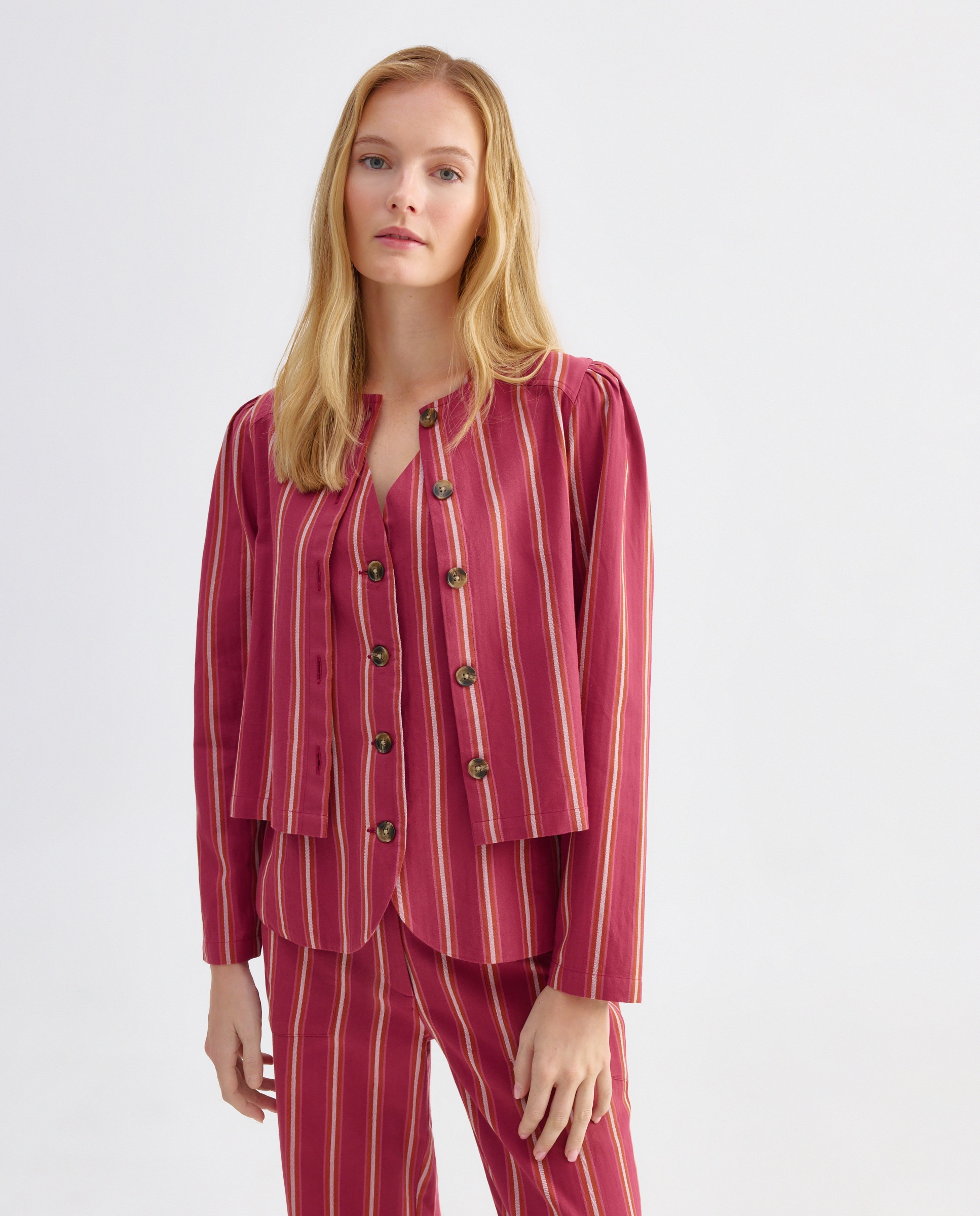 Blusa bordada de mujer de rayas total look Rosa-1