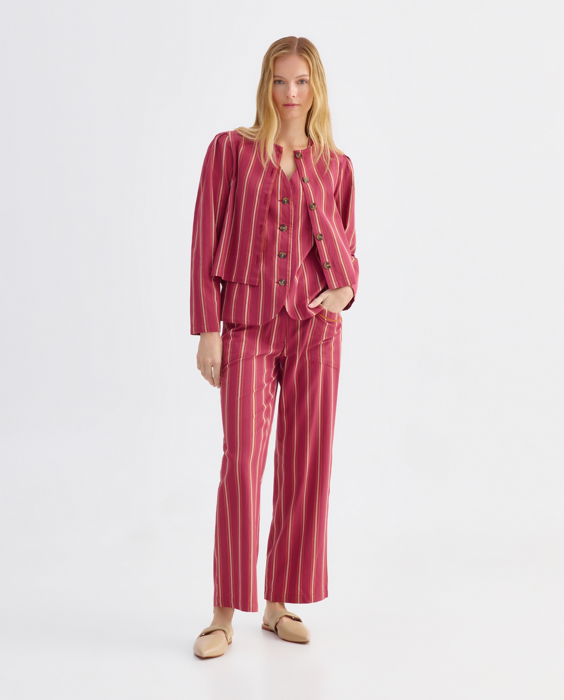 Blusa bordada de mujer de rayas total look Rosa-2