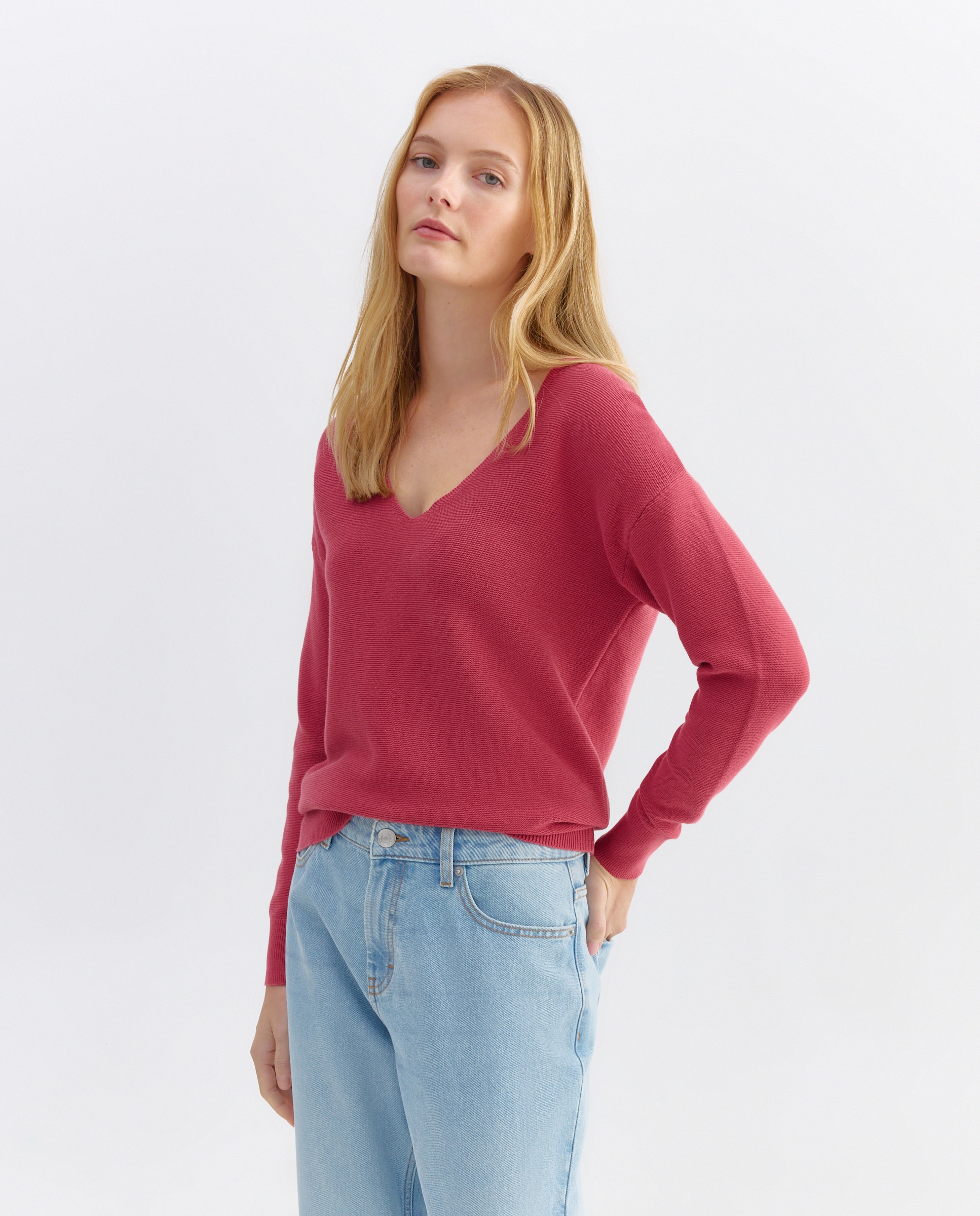 Jersey de mujer básico cuello pico 230 Rosa oscuro-1