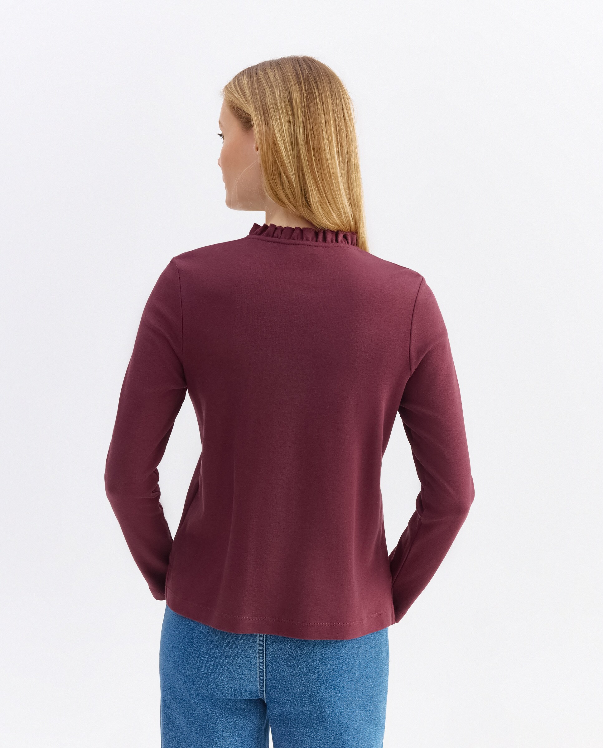 Camiseta de mujer cuello caja con volantes Burdeos-3
