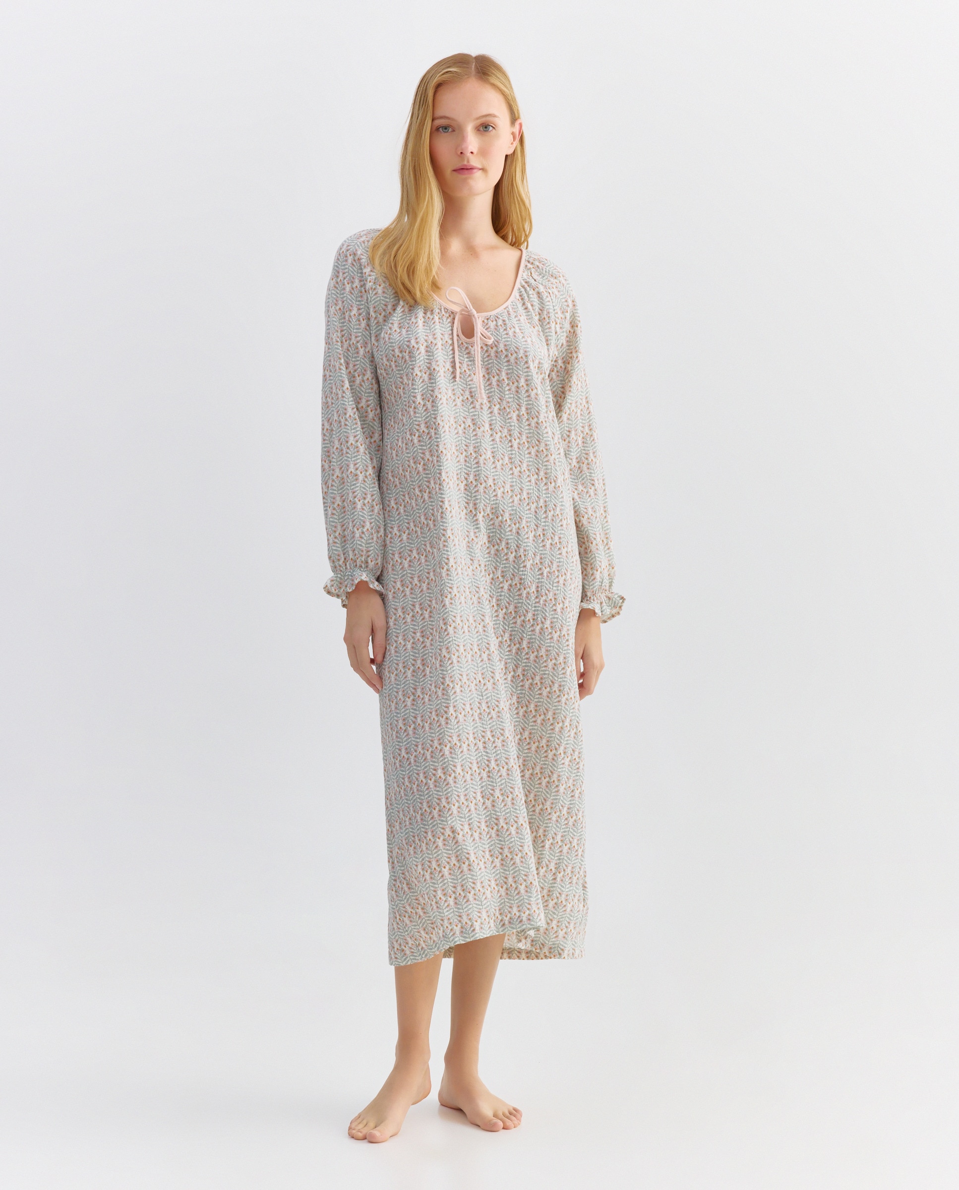 Camisón mujer algodón largo estampado lazo Rosa claro-1