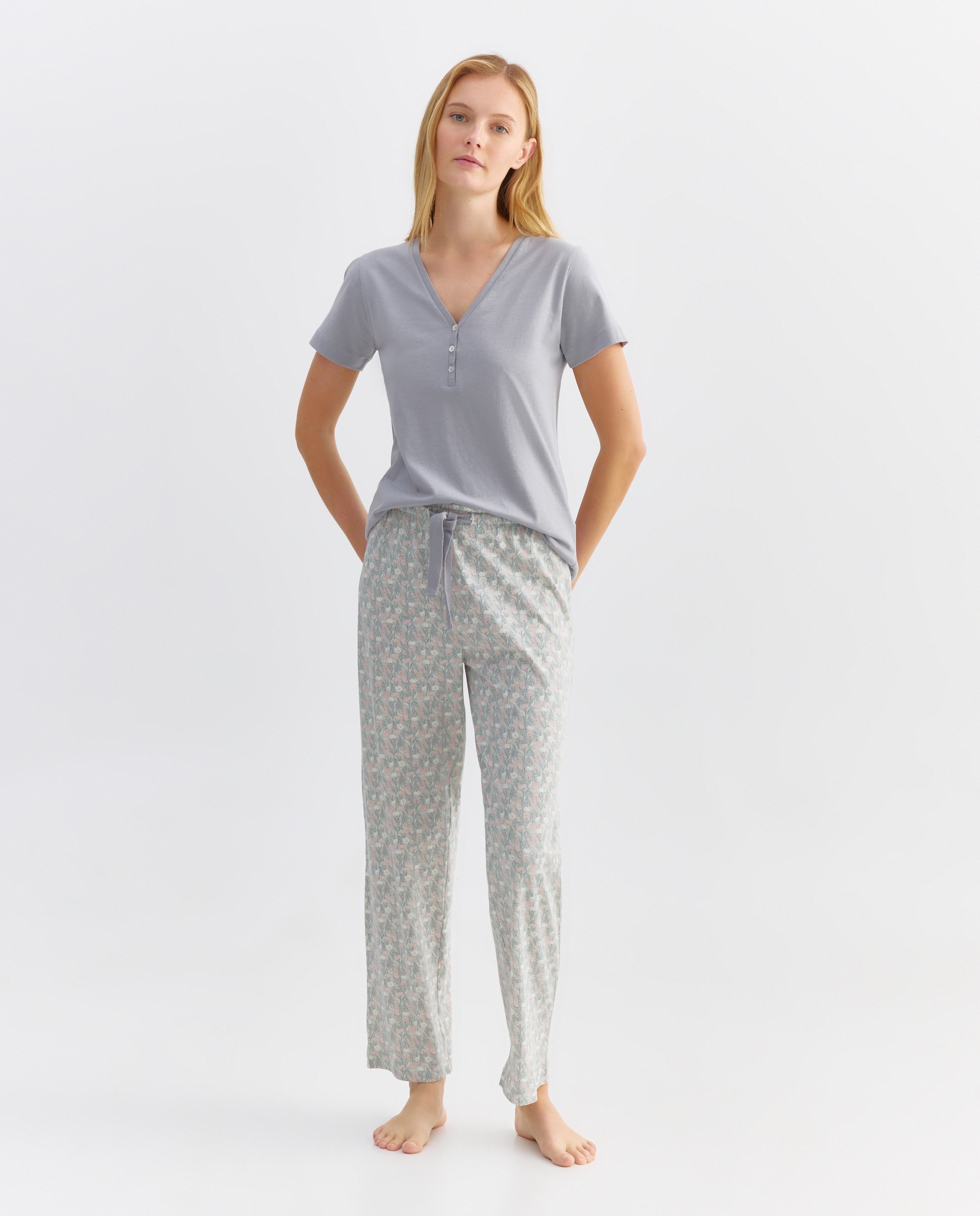 Pijama mujer algodón estampado Gris claro-1