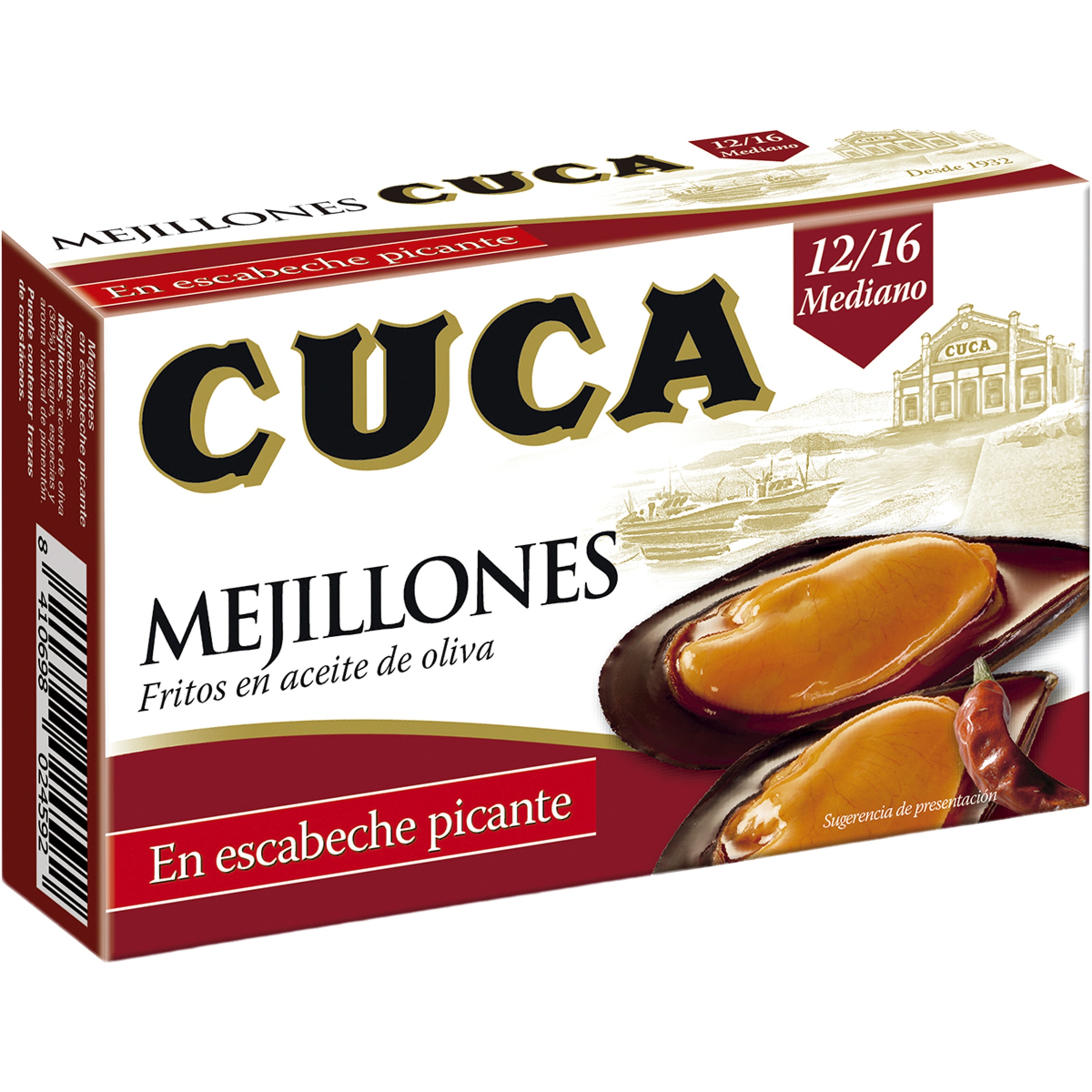mejillones en escabeche picantes 12-16 piezas lata 69 g neto escurrido