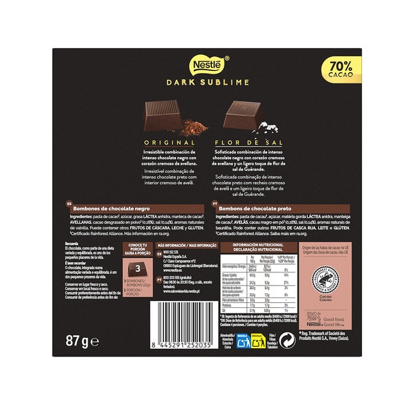 selection of original and fleur de sel dark chocolate bonbons 70% cocoa case 87 g