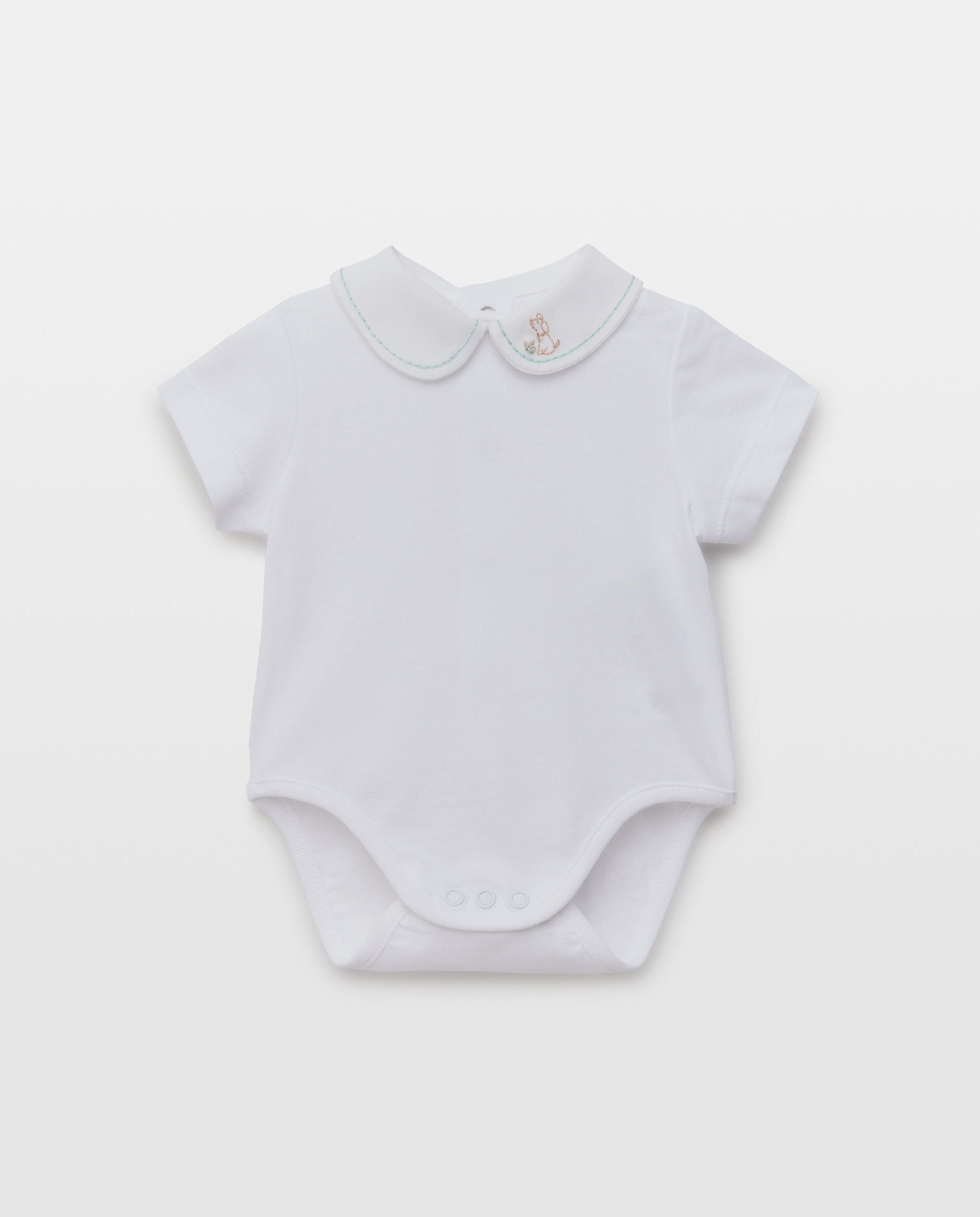 Body de Bebé com Manga Curta, Gola Bebé e Bordado de Fantasia Branco-1