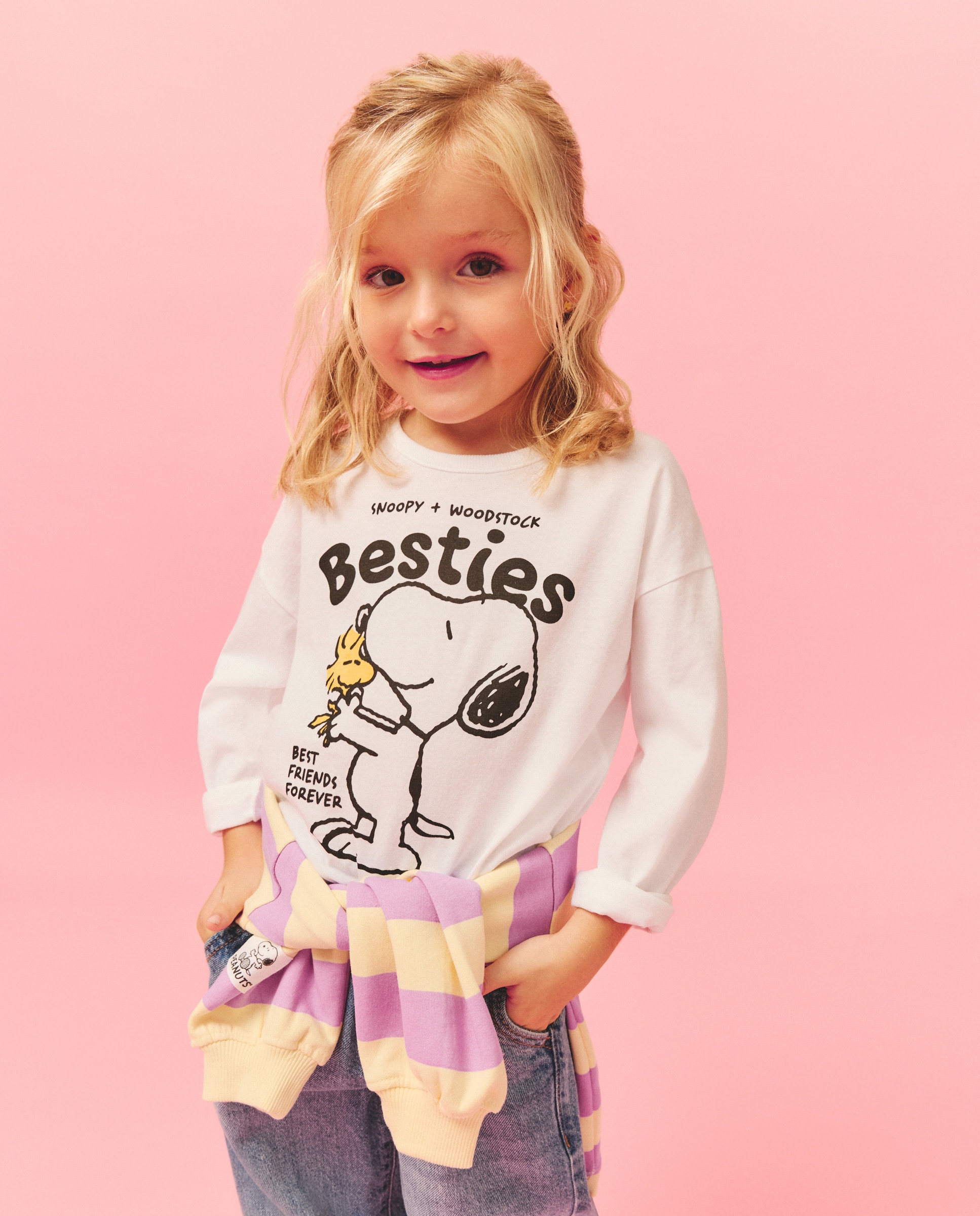 Camisola de Manga Comprida com Estampado Posicional Snoopy e Woodstock "Besties" Branco-marfim-1