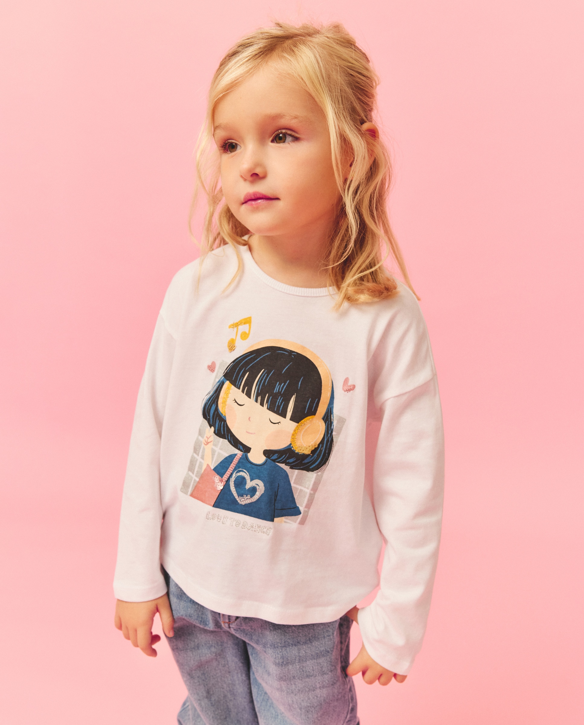 Camisola de Manga Comprida com Estampado Posicional Plano de Boneca "Mini Aitana" com Fio Metalizado e Lantejoulas Kids El Corte Inglés Branco-marfim-1