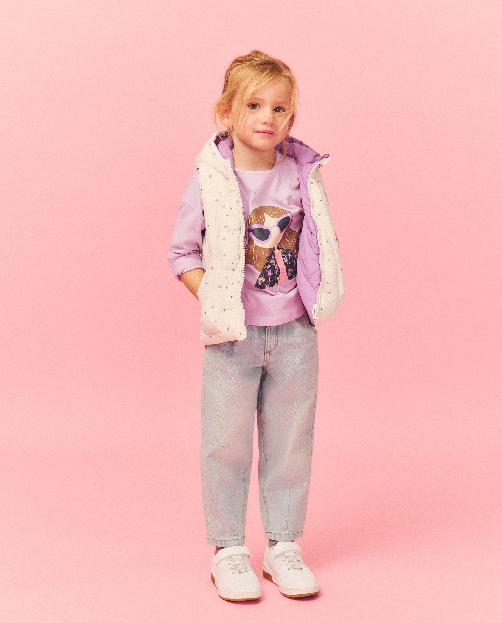 Camisola de Manga Comprida com Estampado Posicional Plano de Boneca "Pop Star" com Fio Metalizado e Lantejoulas Kids El Corte Inglés 282 Malva-2