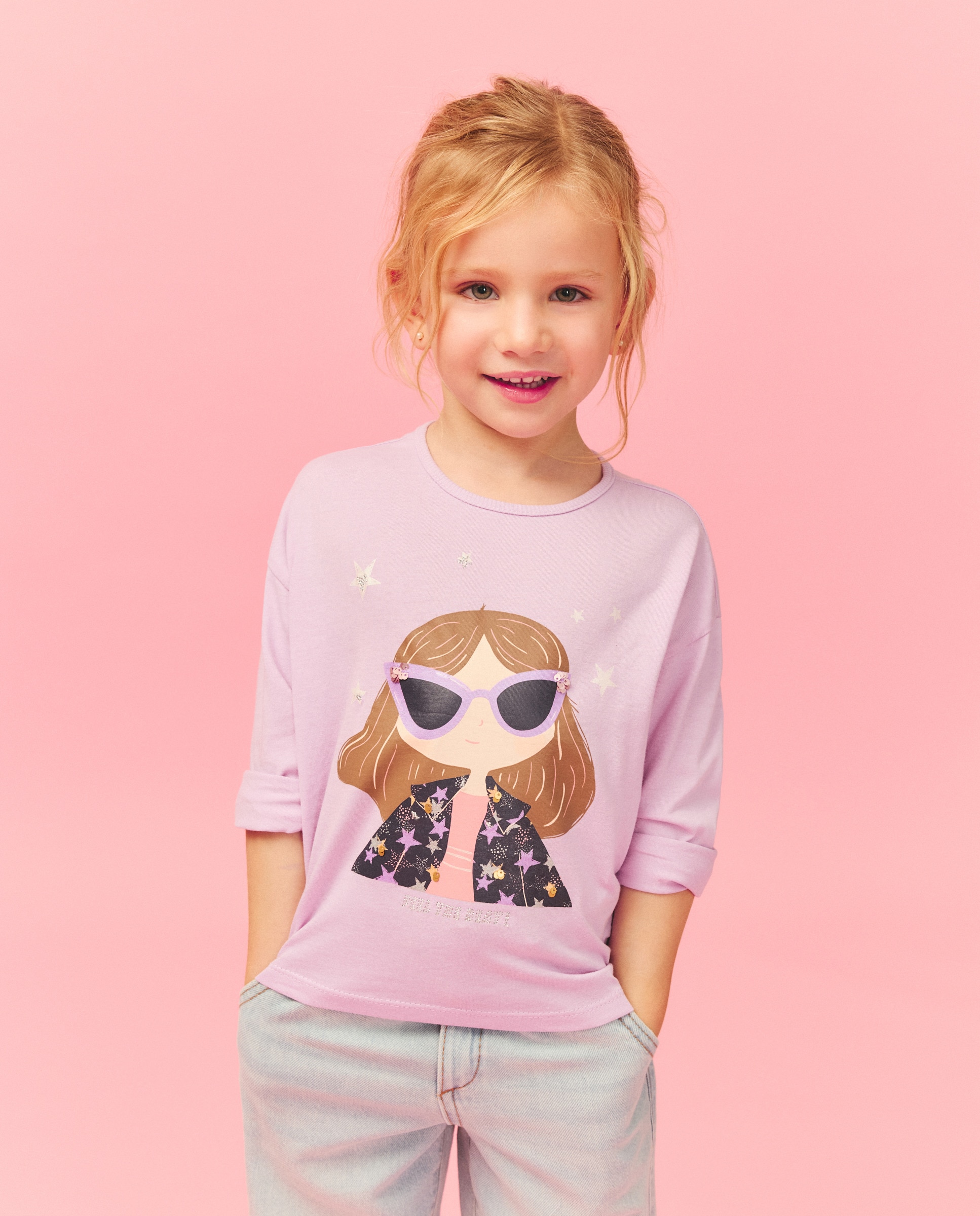Camisola de Manga Comprida com Estampado Posicional Plano de Boneca "Pop Star" com Fio Metalizado e Lantejoulas Kids El Corte Inglés 282 Malva-1