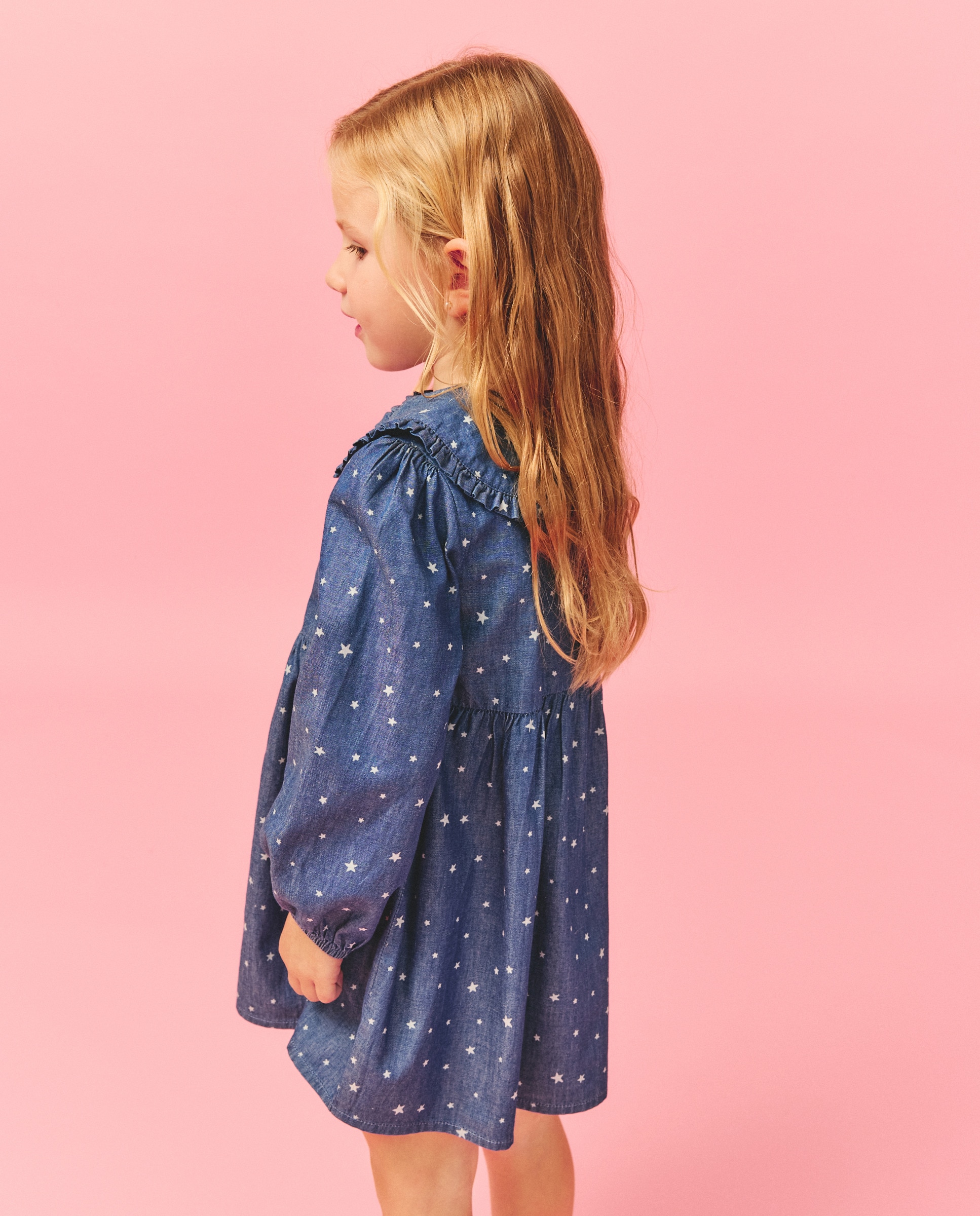 Vestido Estampado de Manga Comprida com Corte na Cintura e Gola Tipo Babete Azul pálido-3