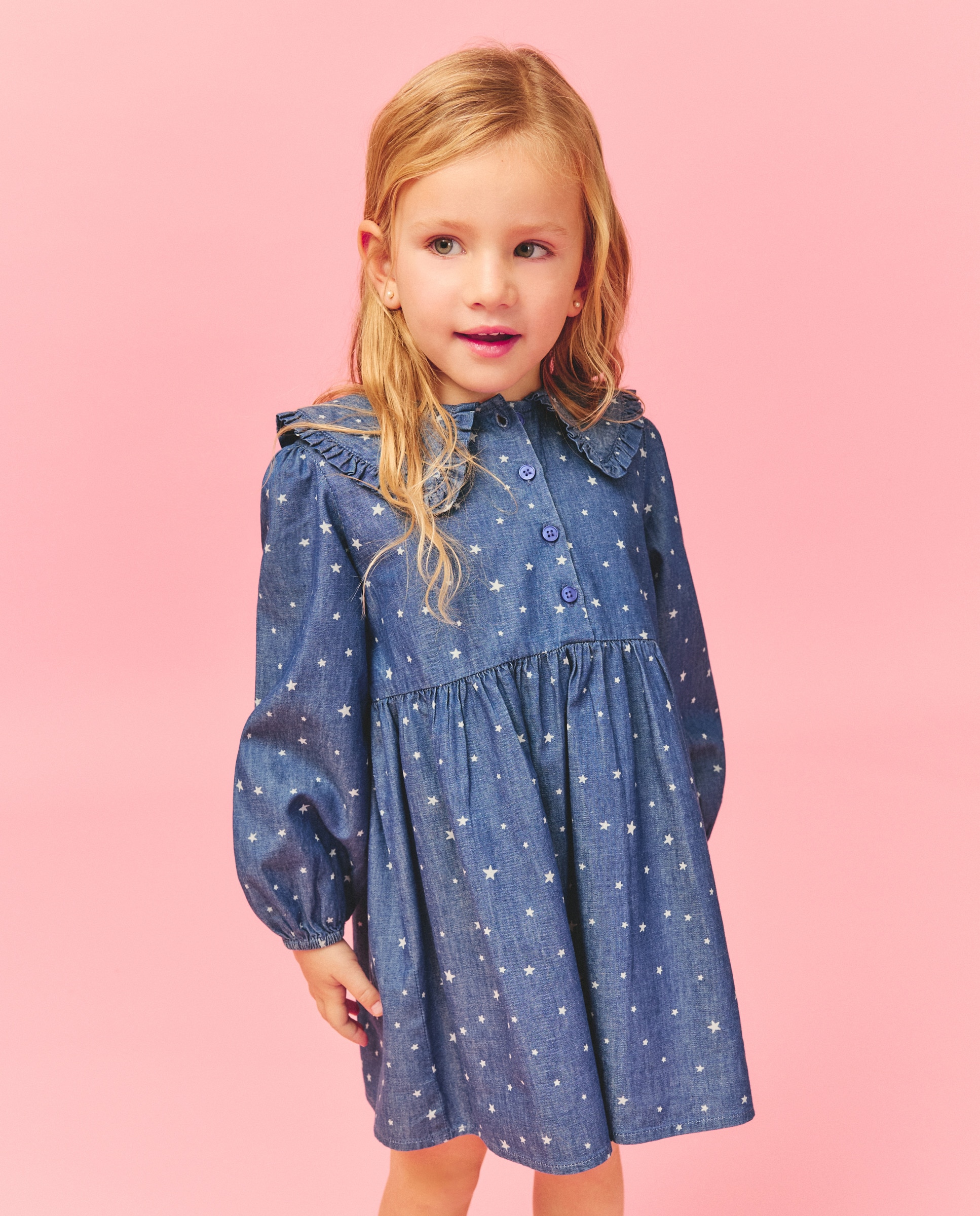 Vestido Estampado de Manga Comprida com Corte na Cintura e Gola Tipo Babete Azul pálido-2