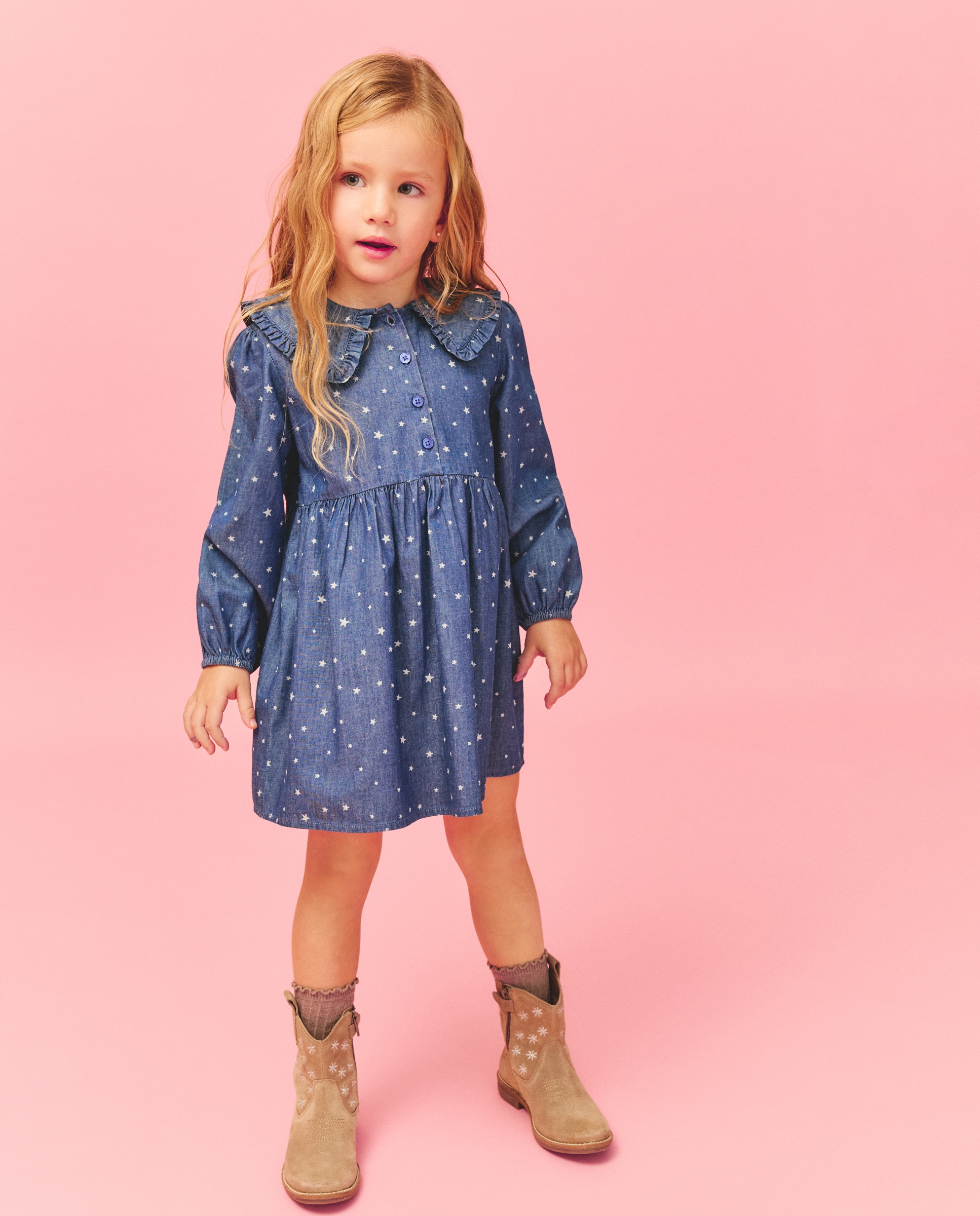 Vestido Estampado de Manga Comprida com Corte na Cintura e Gola Tipo Babete Azul pálido-1