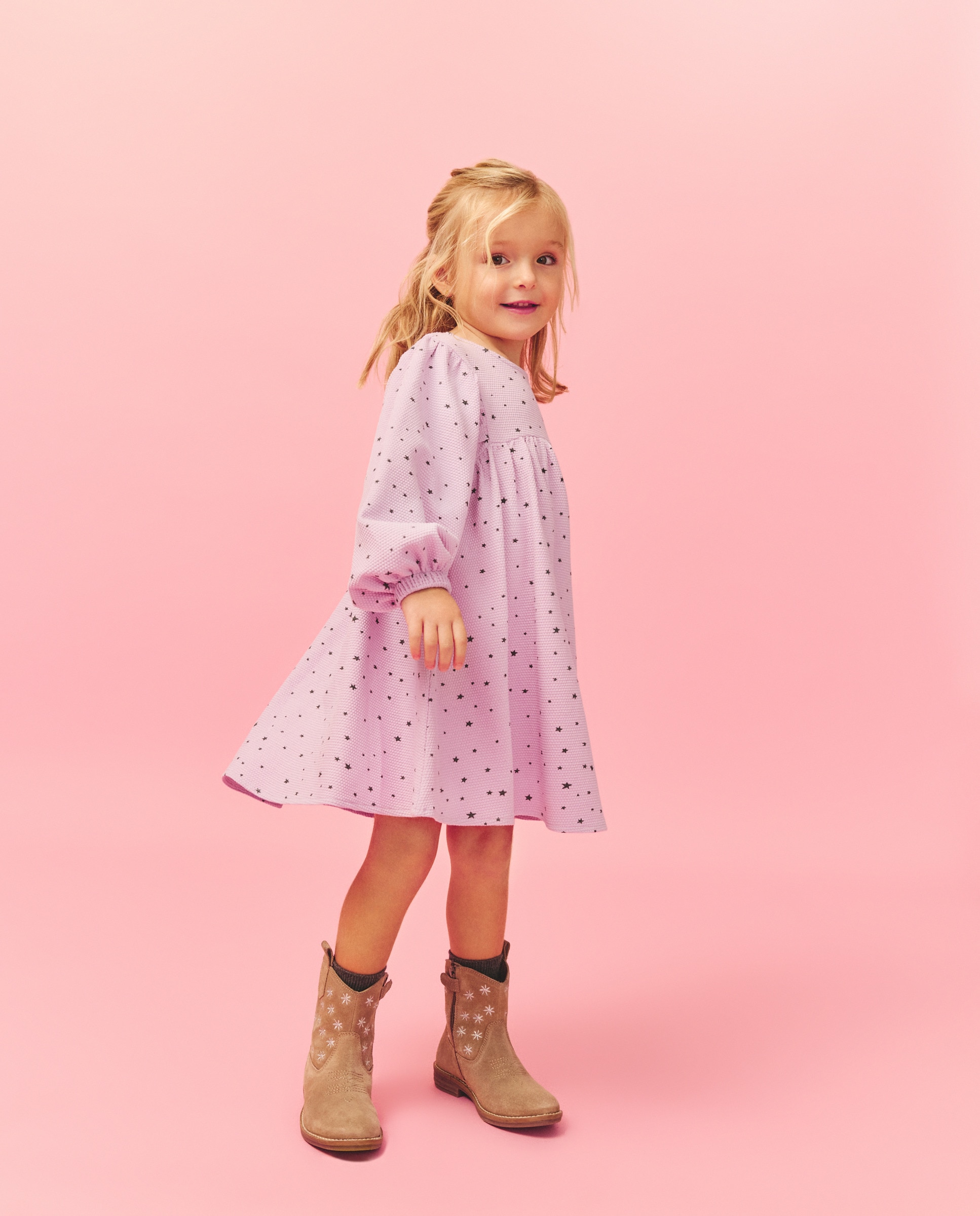 Vestido Gofrado com Manga Comprida e Estampado com Elásticos no Peito Kids El Corte Inglés Rosa-2