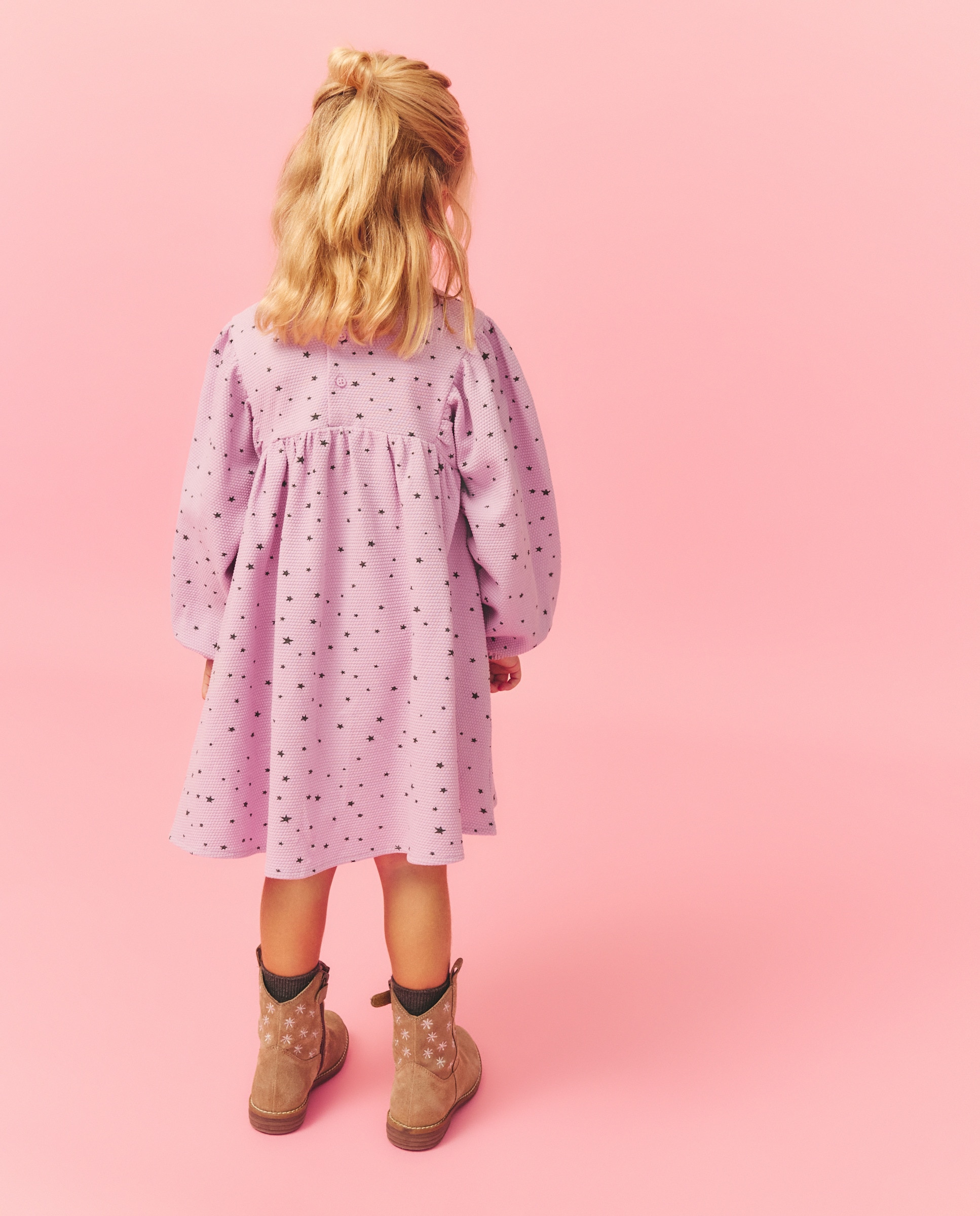 Vestido Gofrado com Manga Comprida e Estampado com Elásticos no Peito Kids El Corte Inglés Rosa-3