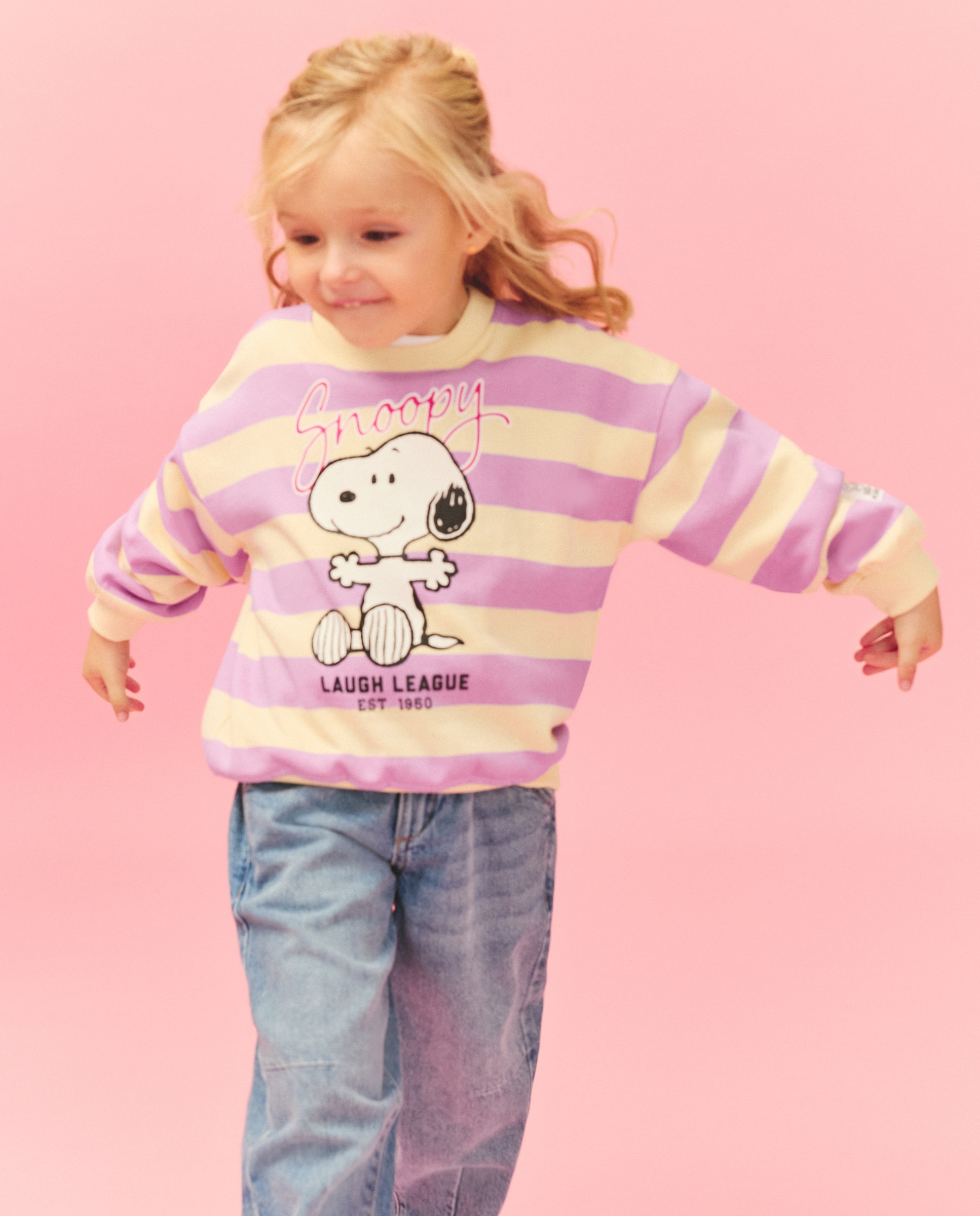 Sweatshirt às Riscas com Decote Redondo e Estampado Posicional do Snoopy Kids El Corte Inglés Rosa-2