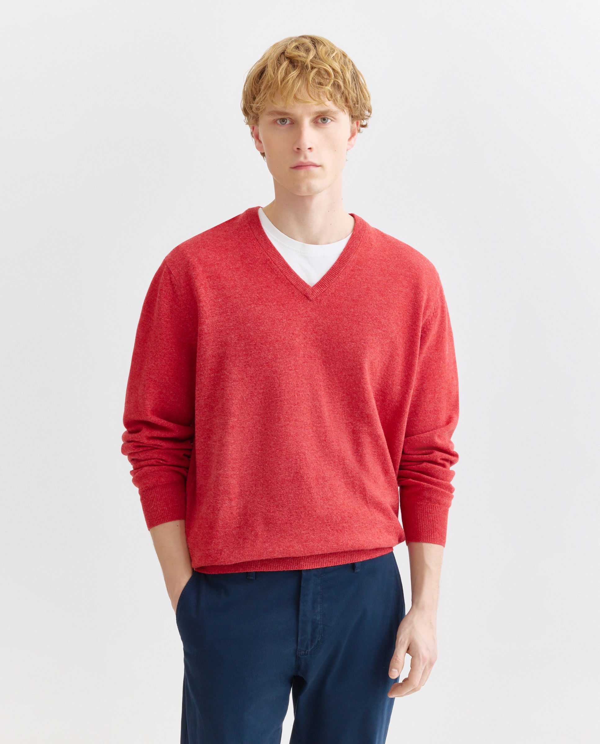 Jersey de lana 100% de hombre con cuello pico - Alan Paine - Rojo Rojo-1