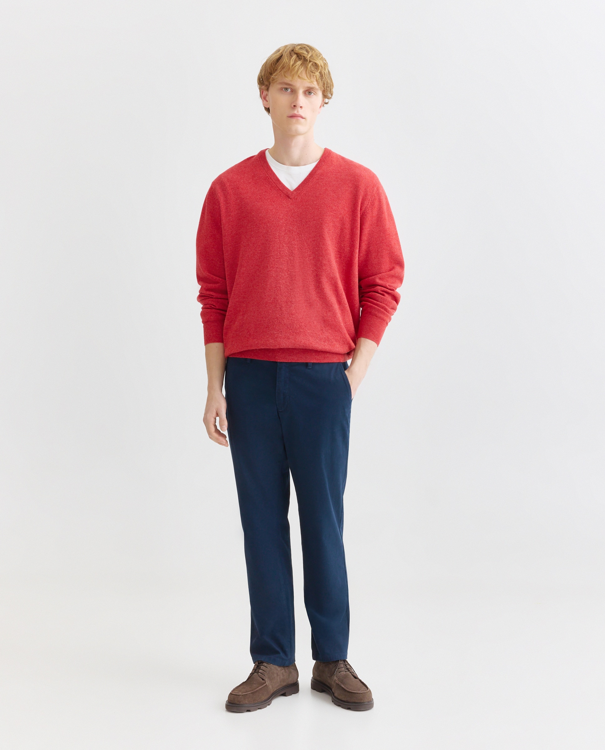Jersey de lana 100% de hombre con cuello pico - Alan Paine - Rojo Rojo-2