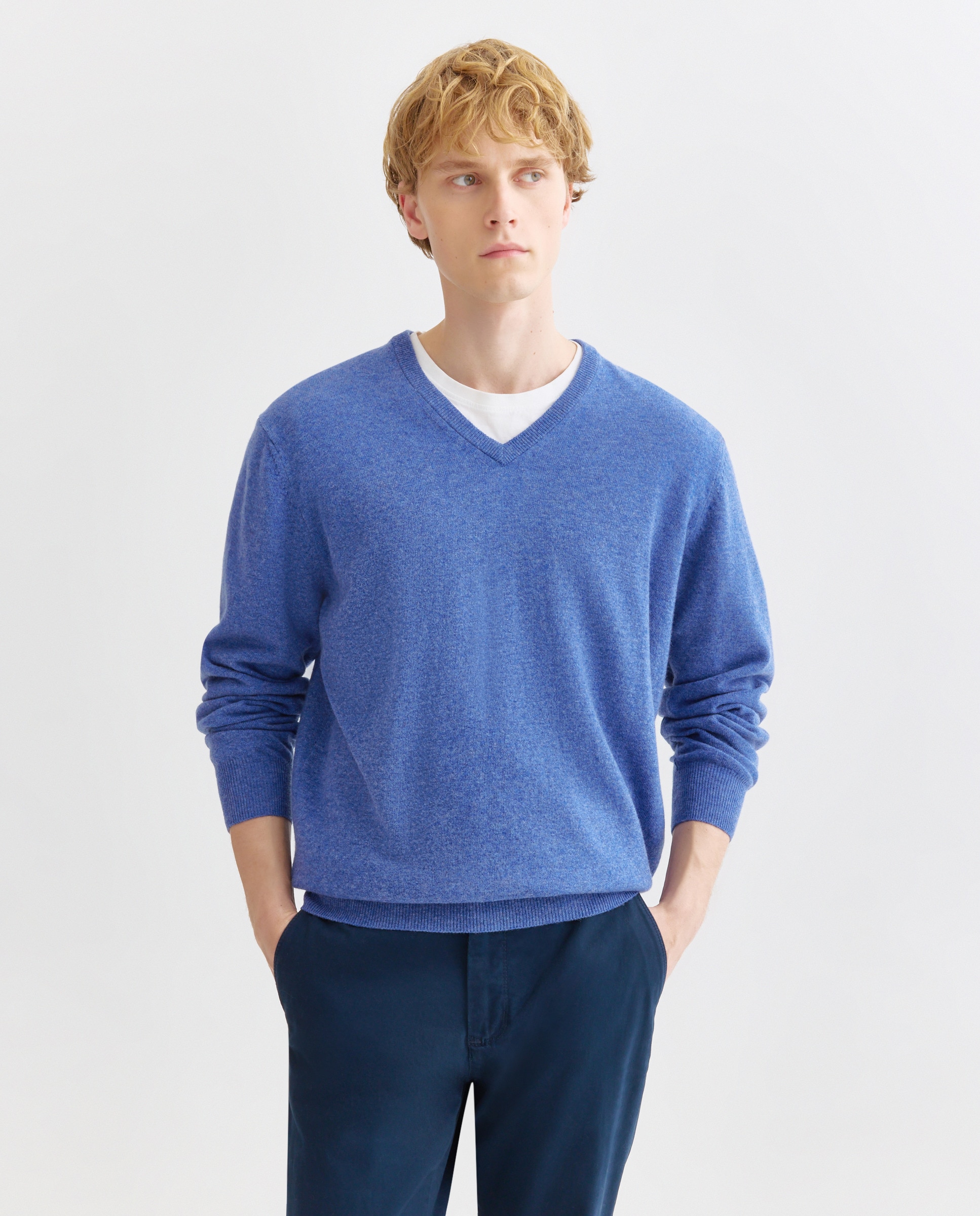 Jersey de lana 100% de hombre con cuello pico - Alan Paine - Azul Azul-1