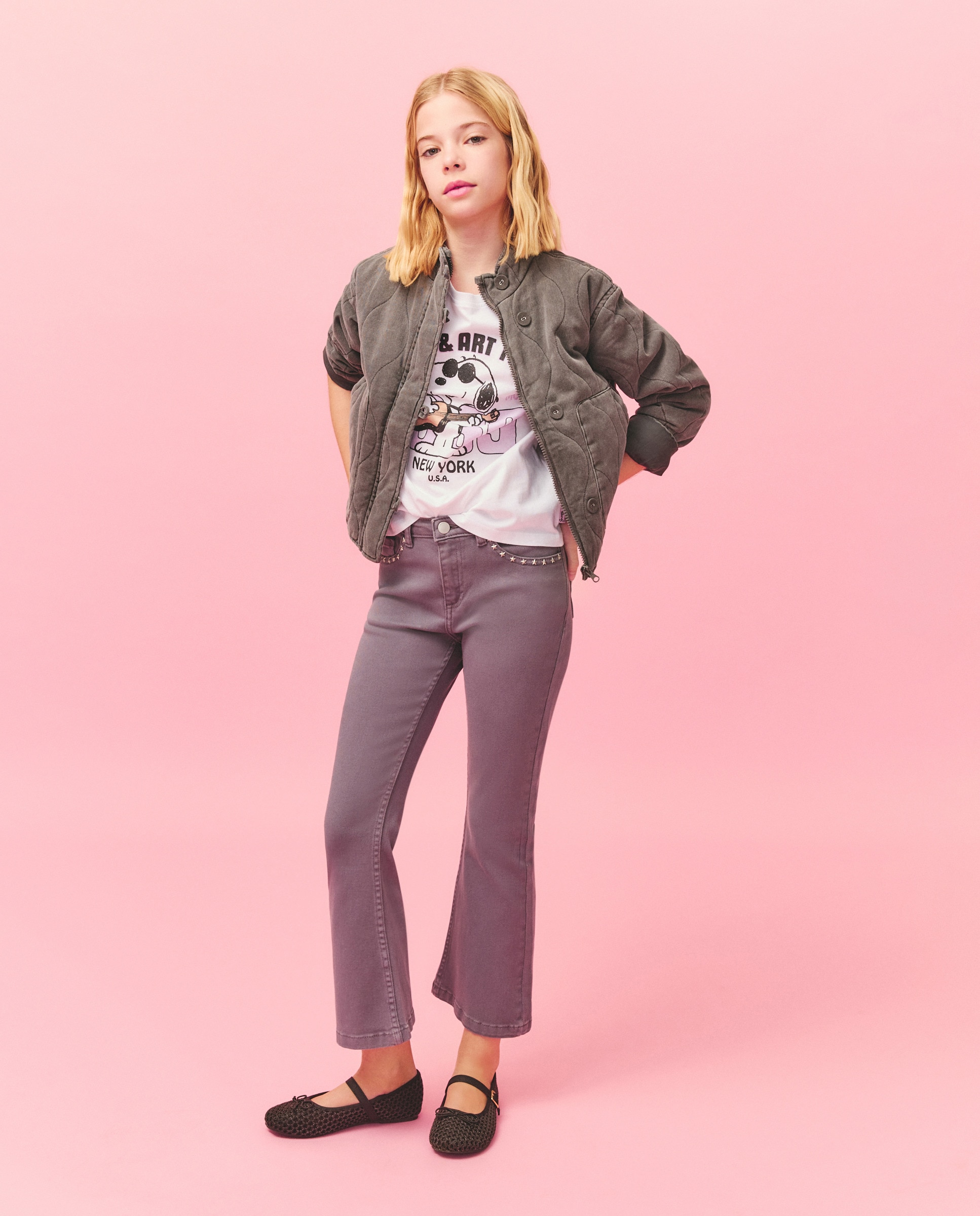 T-shirt de Manga Curta com Estampado Posicional Snoopy com Guitarra e Detalhes em Glitter Kids El Corte Inglés Branco-marfim-2