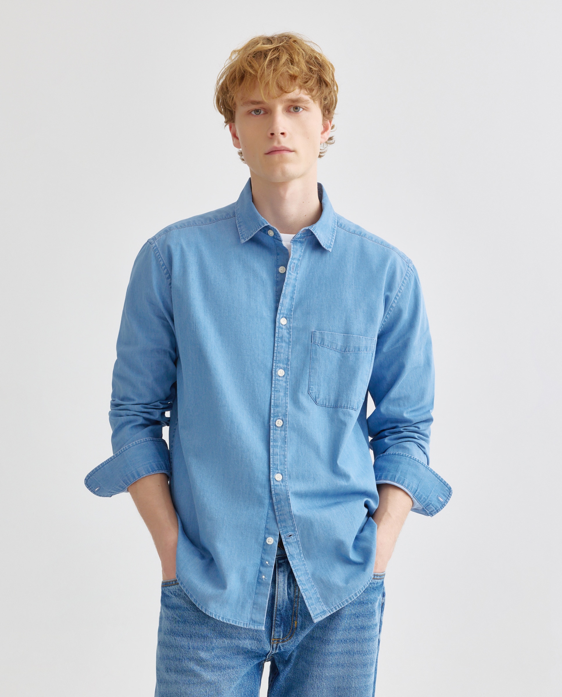 Camisa sport hombre denim cuello camisero con bolsillo Cerúleo-1