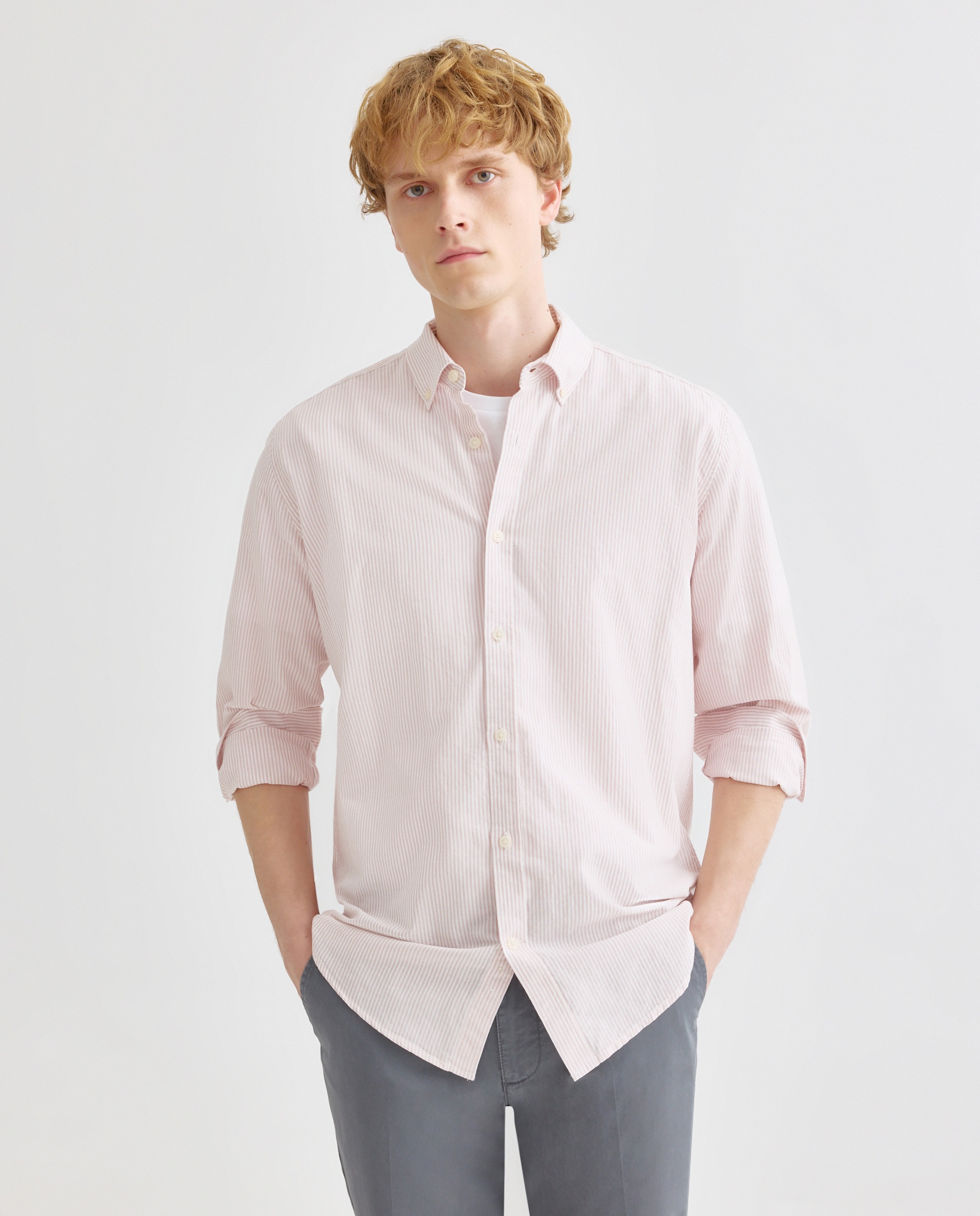 Camisa sport hombre chambray con rayas 220 Rosa palo-1