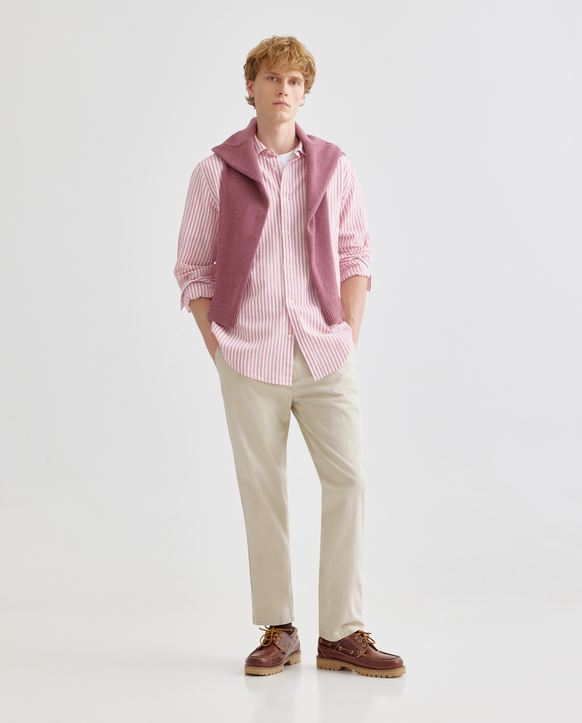 Camisa sport hombre algodón con lino rayas 230 Rosa oscuro-2
