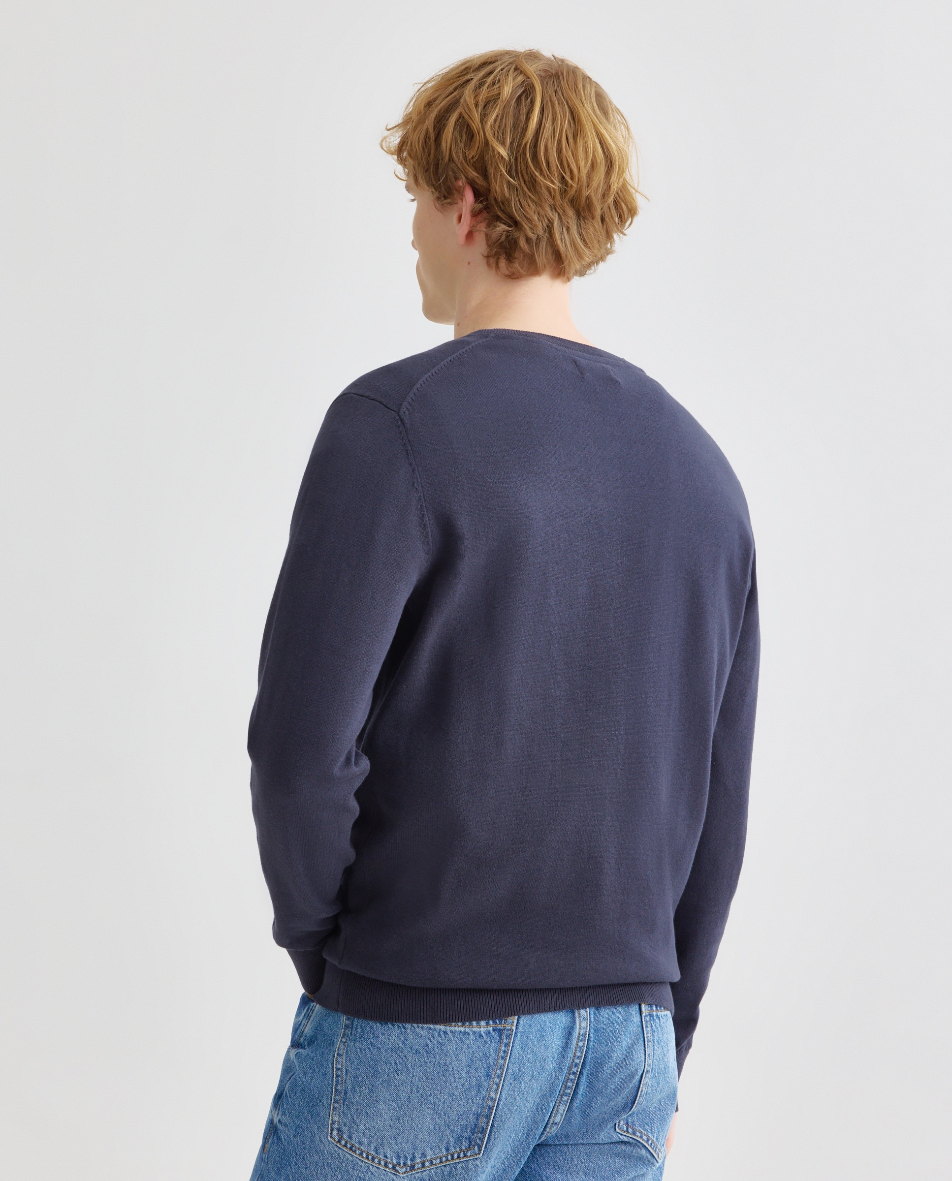 Jersey de hombre cuello pico liso algodón 100% Azul marino-3