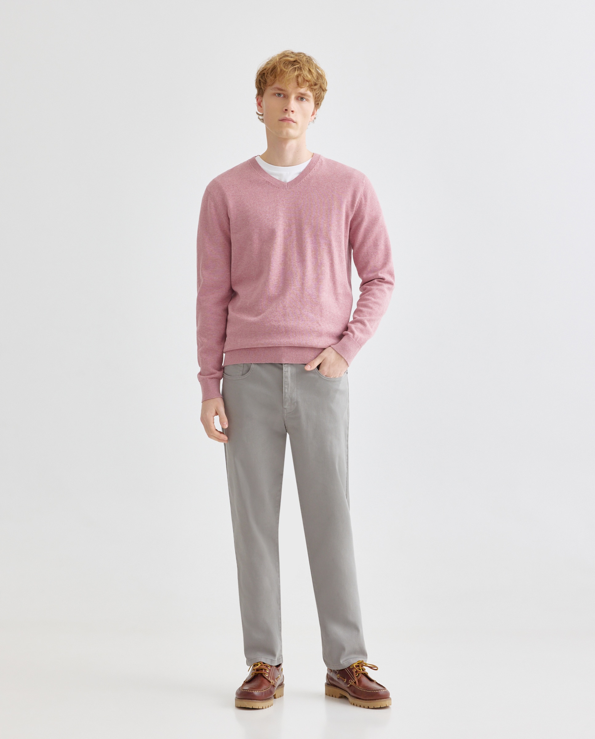 Jersey de hombre cuello pico liso algodón 100% 200 Rosa-2
