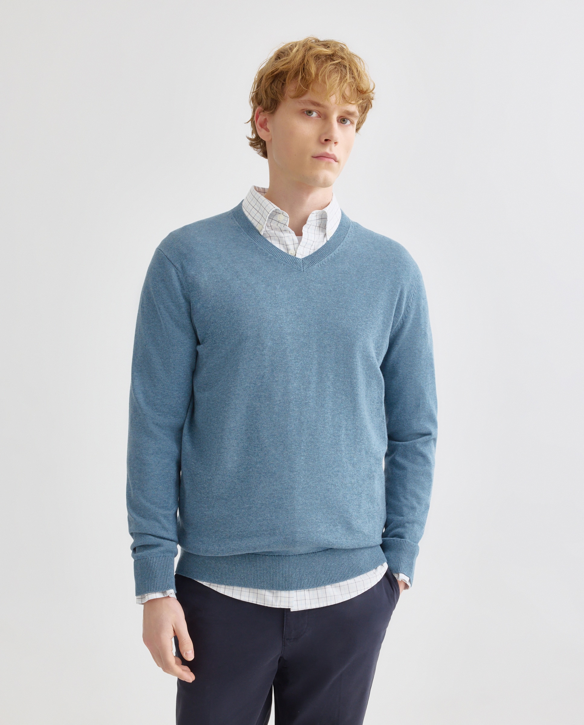 Jersey de hombre cuello pico liso algodón 100% 400 Azul-1