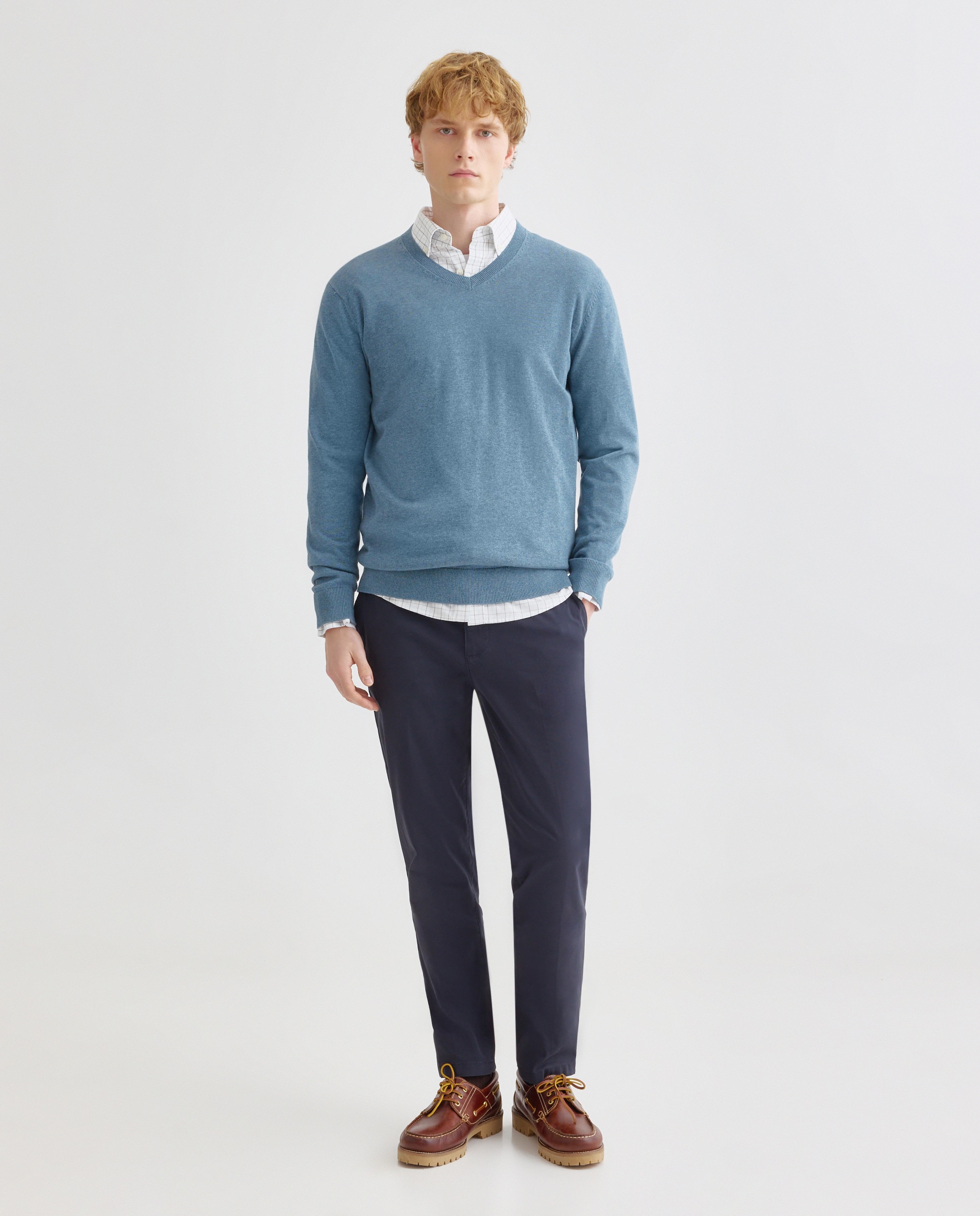 Jersey de hombre cuello pico liso algodón 100% 400 Azul-2