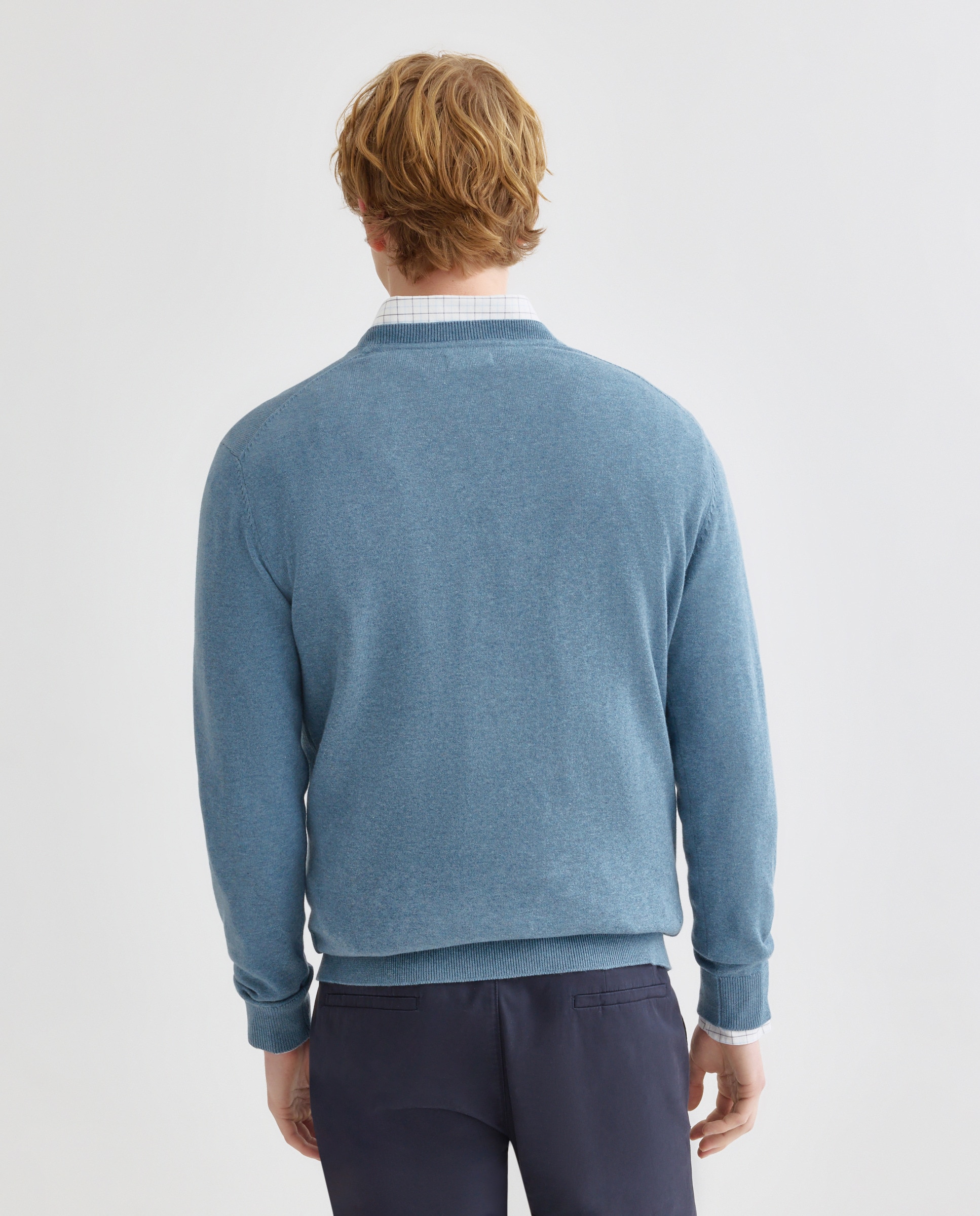 Jersey de hombre cuello pico liso algodón 100% 400 Azul-3