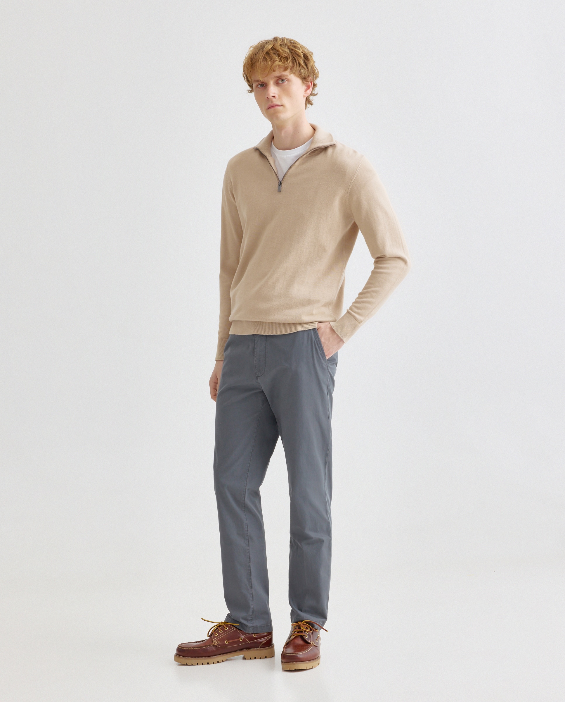 Jersey de hombre media cremallera liso algodón 100% Beige-2