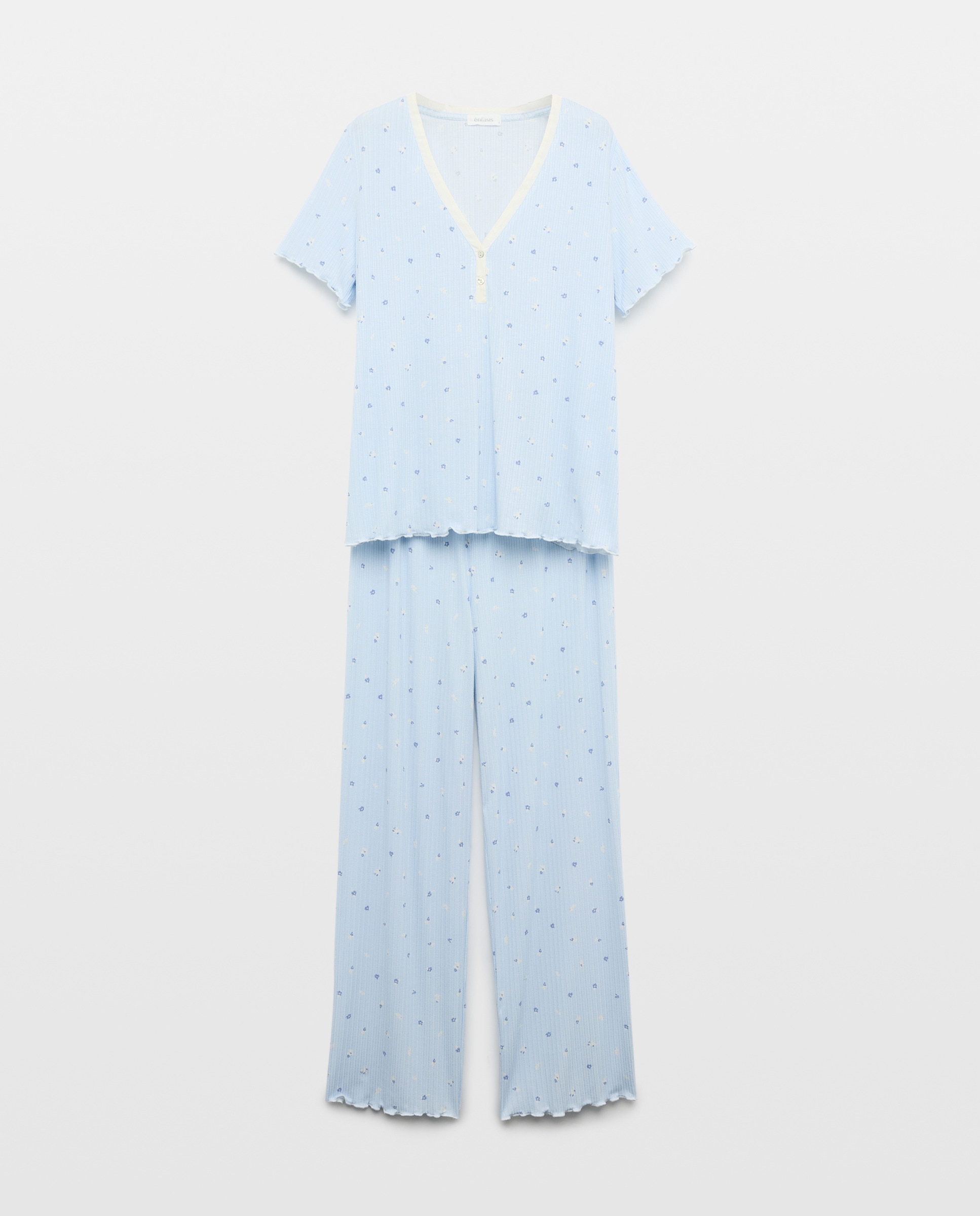 Pijama Liso com Decote em Bico 400 Azul-3