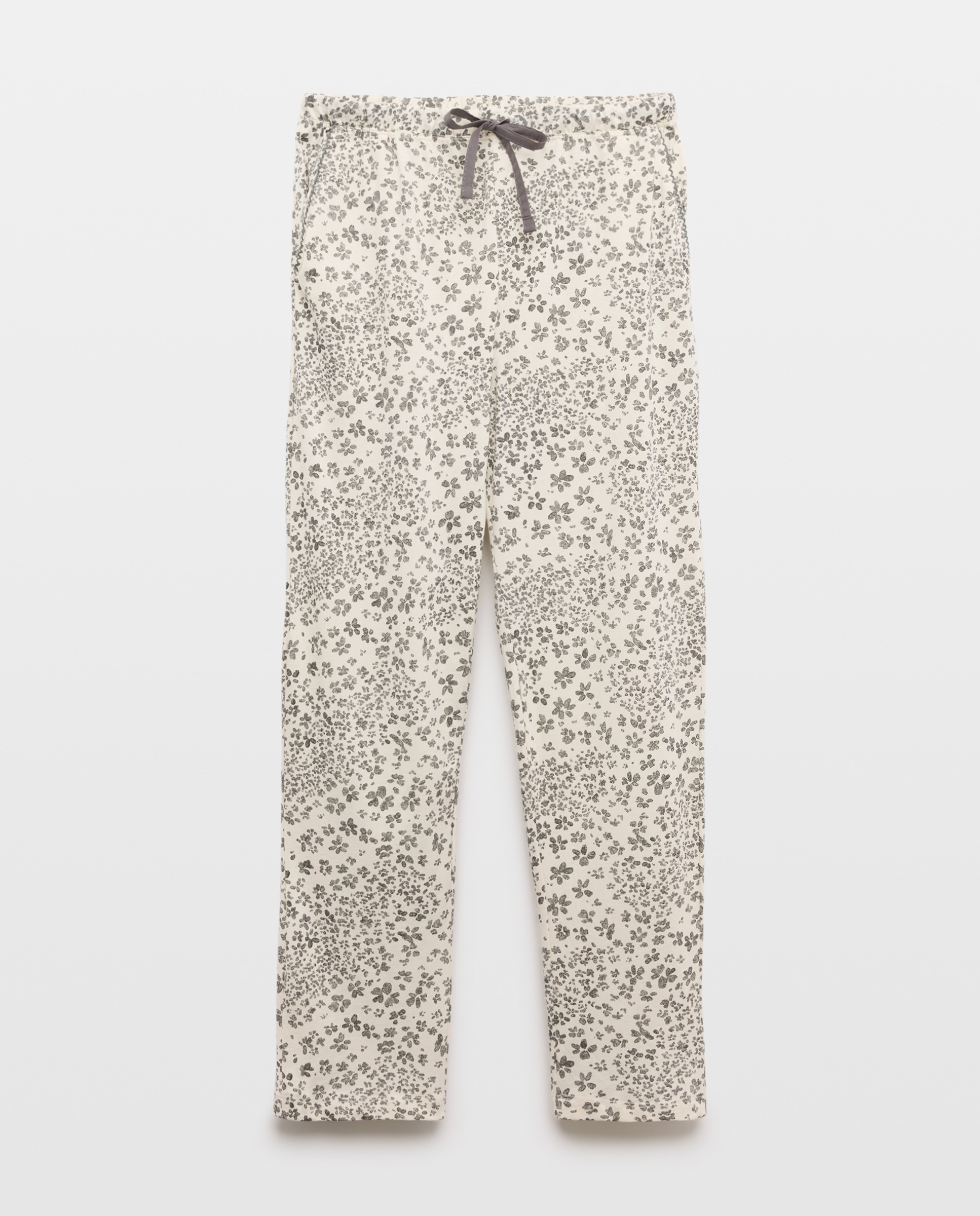 Calças de Pijama com Estampado Floral e Detalhes de Piconela Branco-4