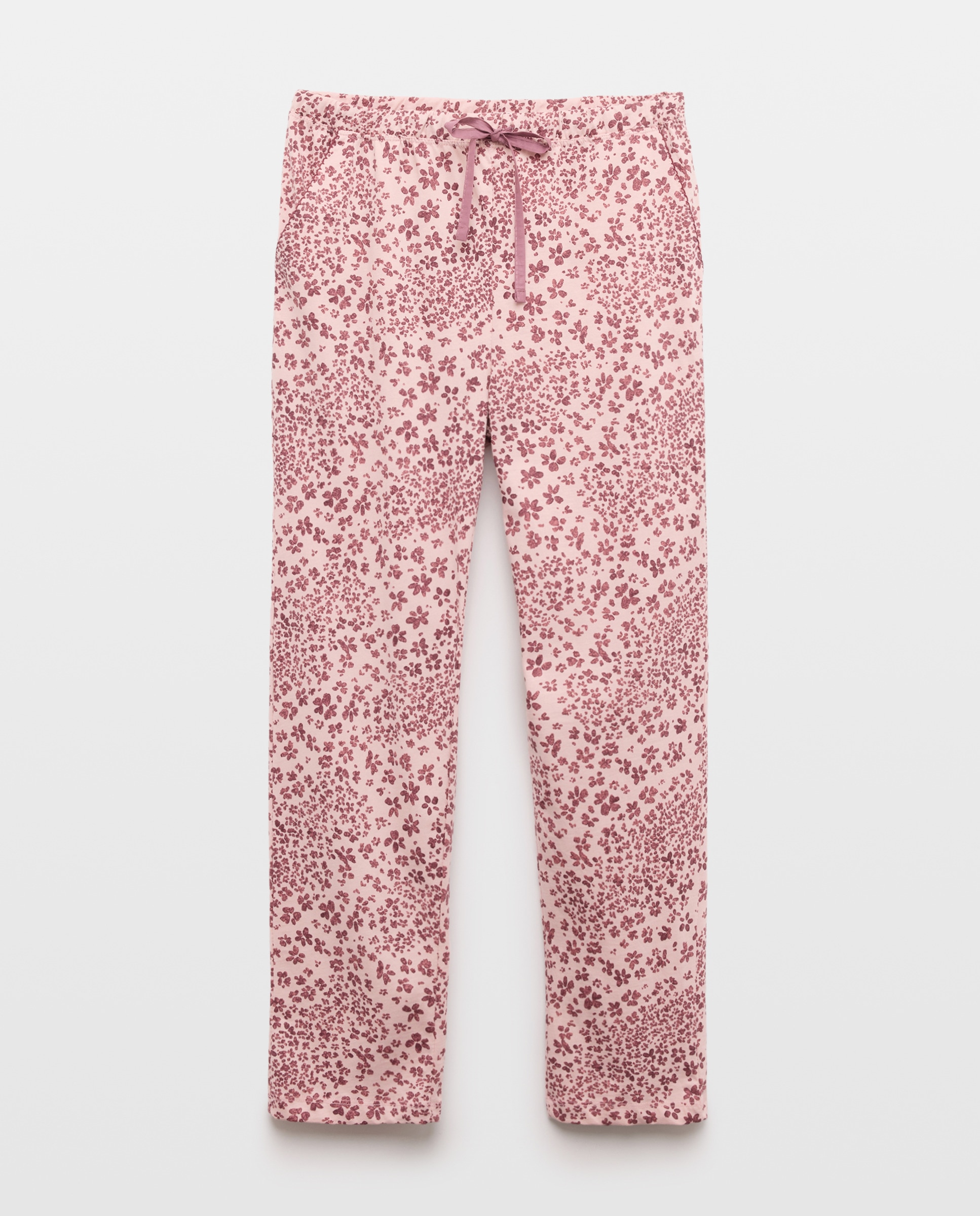 Calças de Pijama com Estampado Floral e Detalhes de Piconela Rosa-4