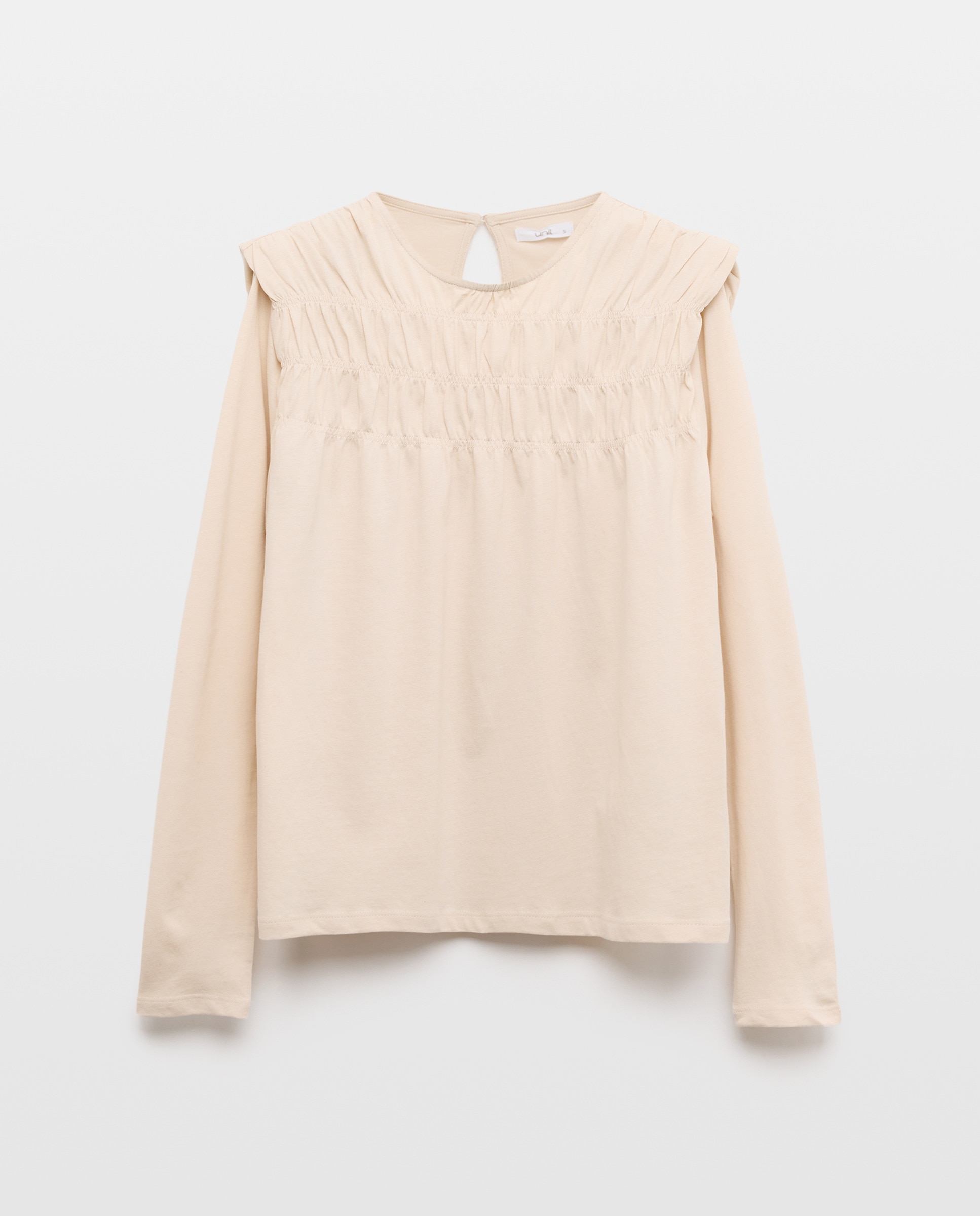 Camiseta de mujer cuello caja con fruncido Beige-4