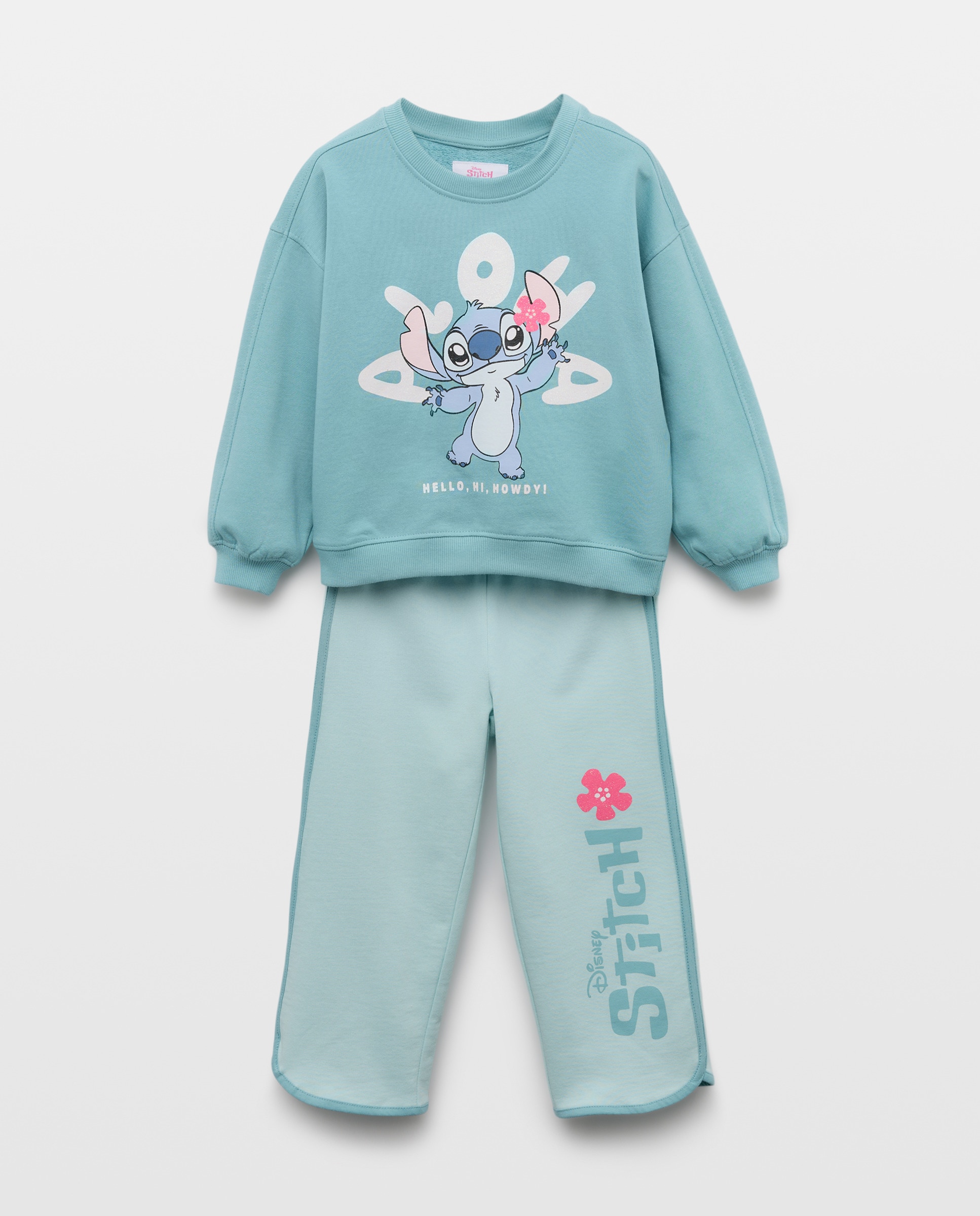 Conjunto com Estampado Stitch: Sweatshirt com Decote Redondo e Calças Largas com Piping em Contraste Kids El Corte Inglés Verde-4