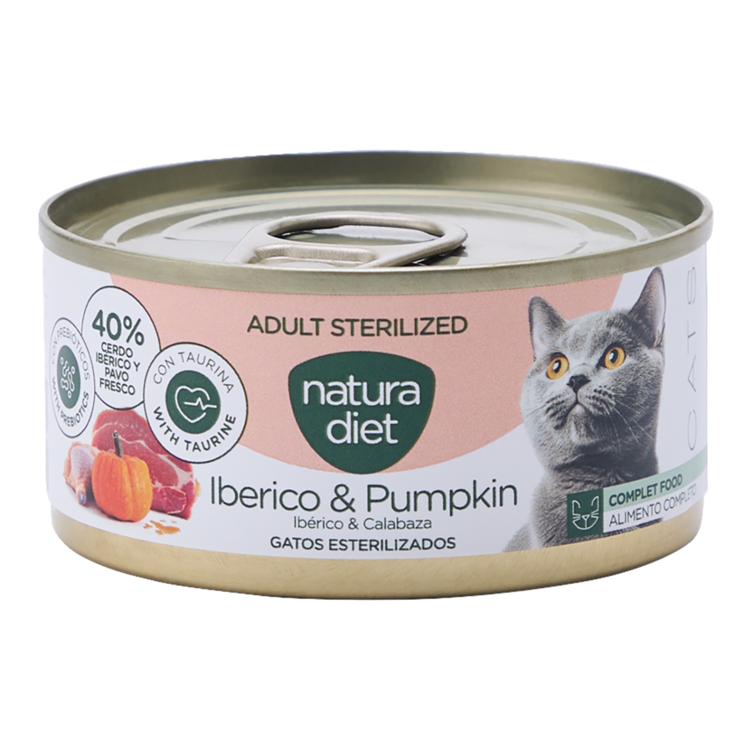 Imagen 0 de Comida húmeda para gatos adultos esterilizados Natura Diet paté cerdo ibérico y calabaza 85 g