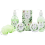 Weidenkorb Aloe Vera mit Duschgel + Körperpeeling + Badesalz + Körperseife + Sprudelbad