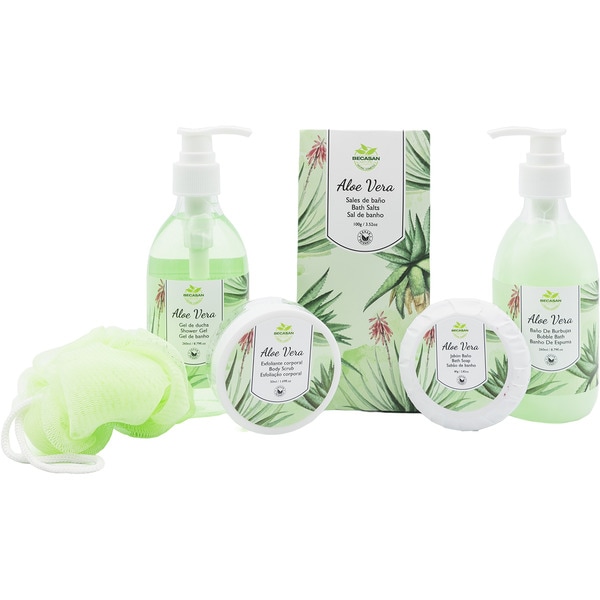 Weidenkorb Aloe Vera mit Duschgel + Körperpeeling + Badesalz + Körperseife + Sprudelbad