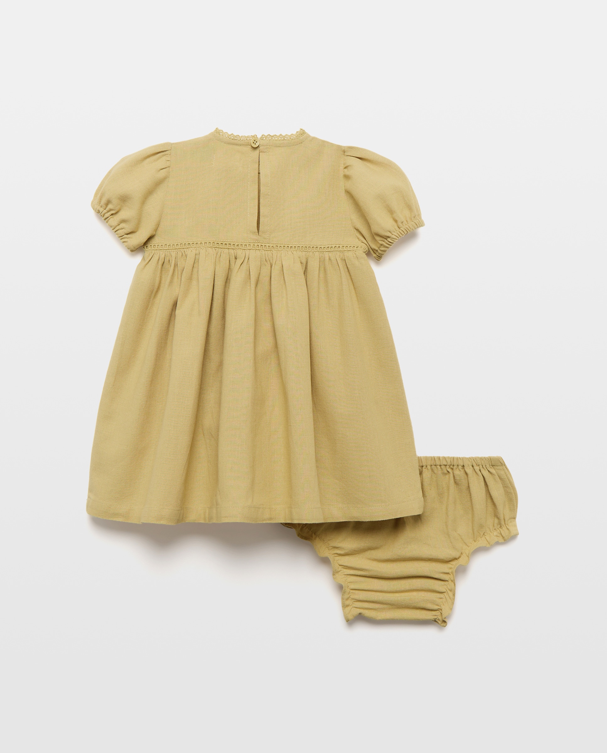 Vestido bebé niña de lino con vainica liso 560 Oliva-2